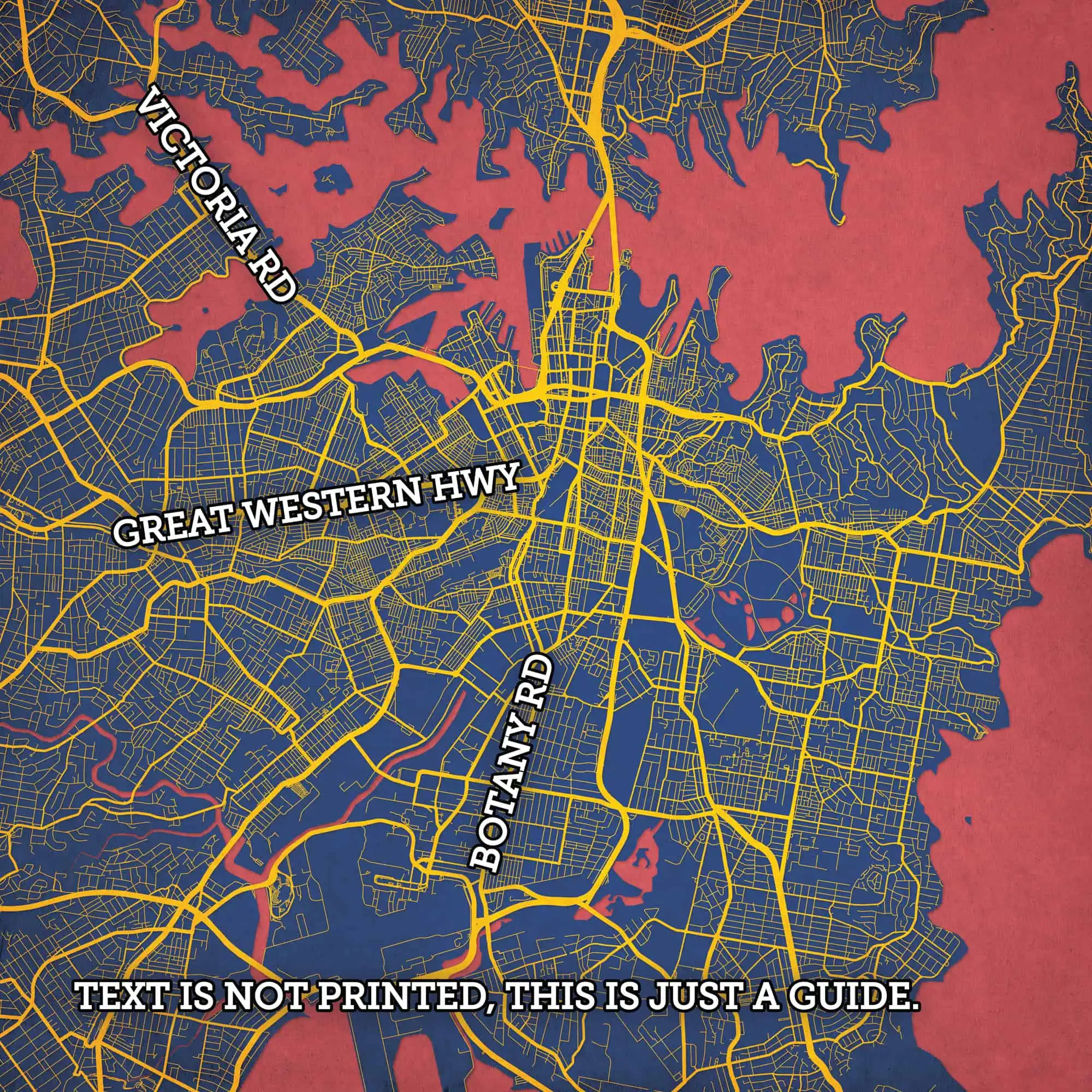 Victoria, BC city map showing major streets like Victoria Rd, Great Western Hwy, and Botany Rd, highlighted in yellow against a blue and red background.