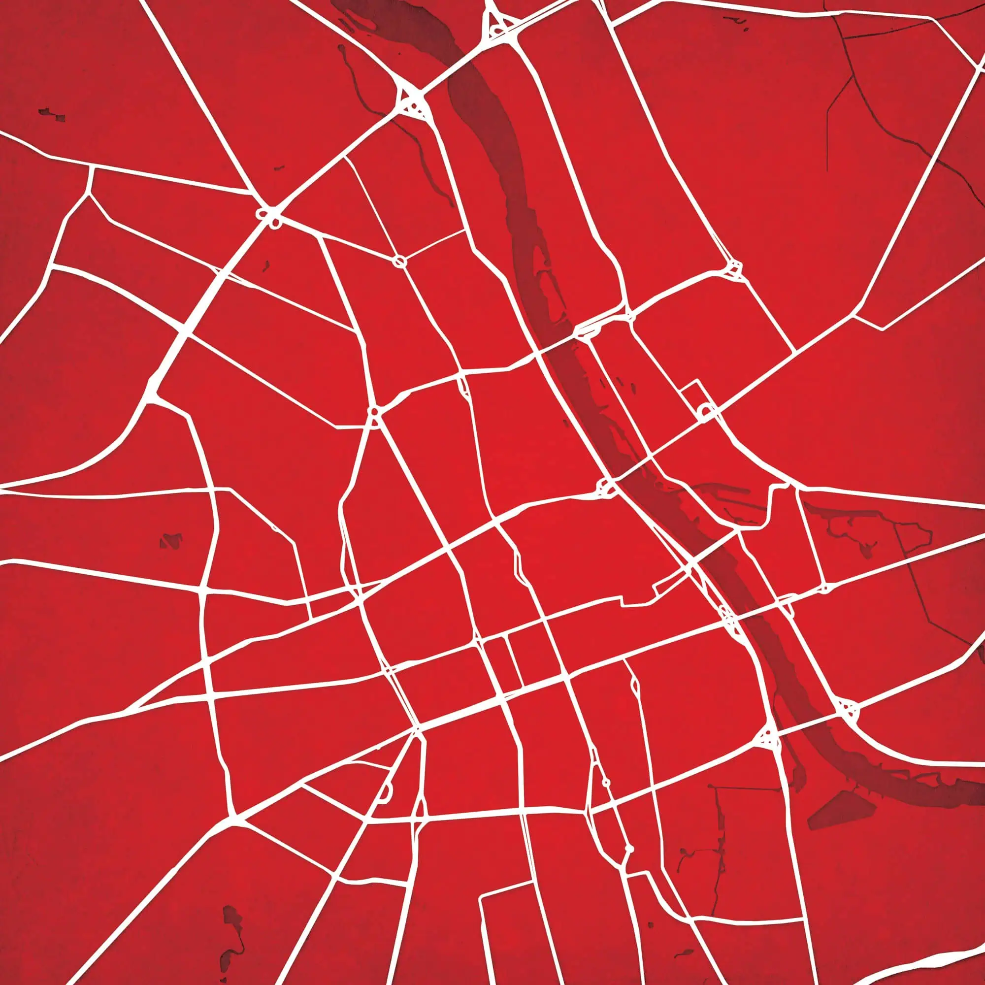 Bold city map featuring major roads and waterways, ideal for navigation and travel planning, showcasing the road network layout in a red-themed design.