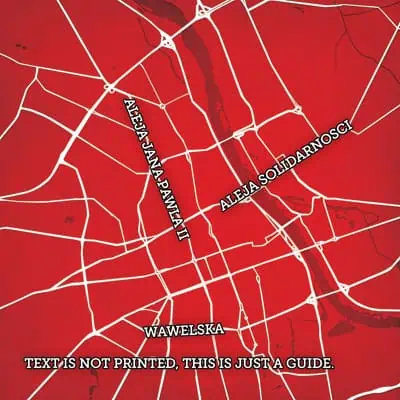 Bright red map highlighting streets and areas around Aleja Solidarnosci, Wawelska, and Aza Jana Pawla II, demonstrating detailed urban map design for travel or navigation purposes.