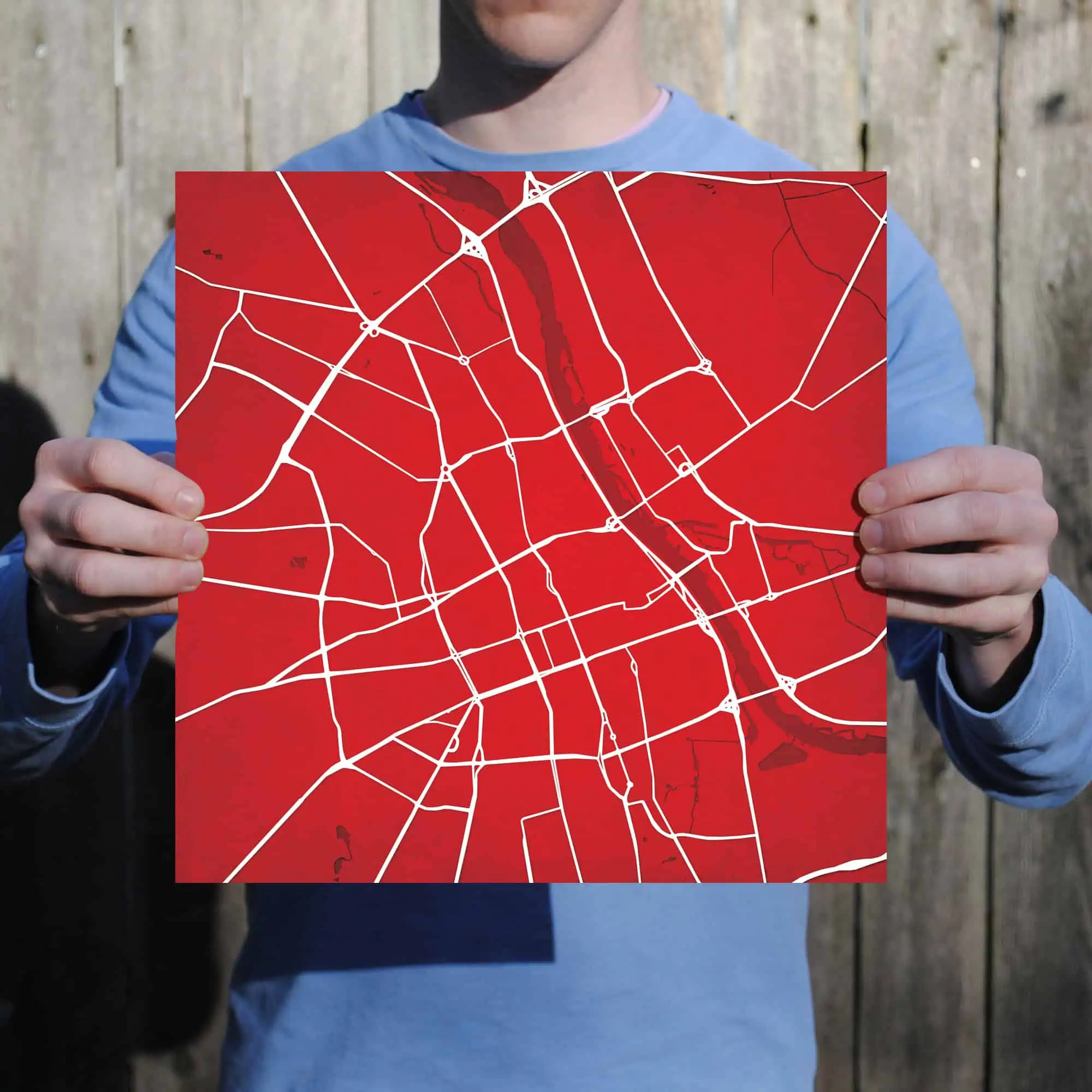 Map Shop City Map with Red Background and White Street Lines, perfect for travel, navigation, or geographic reference.