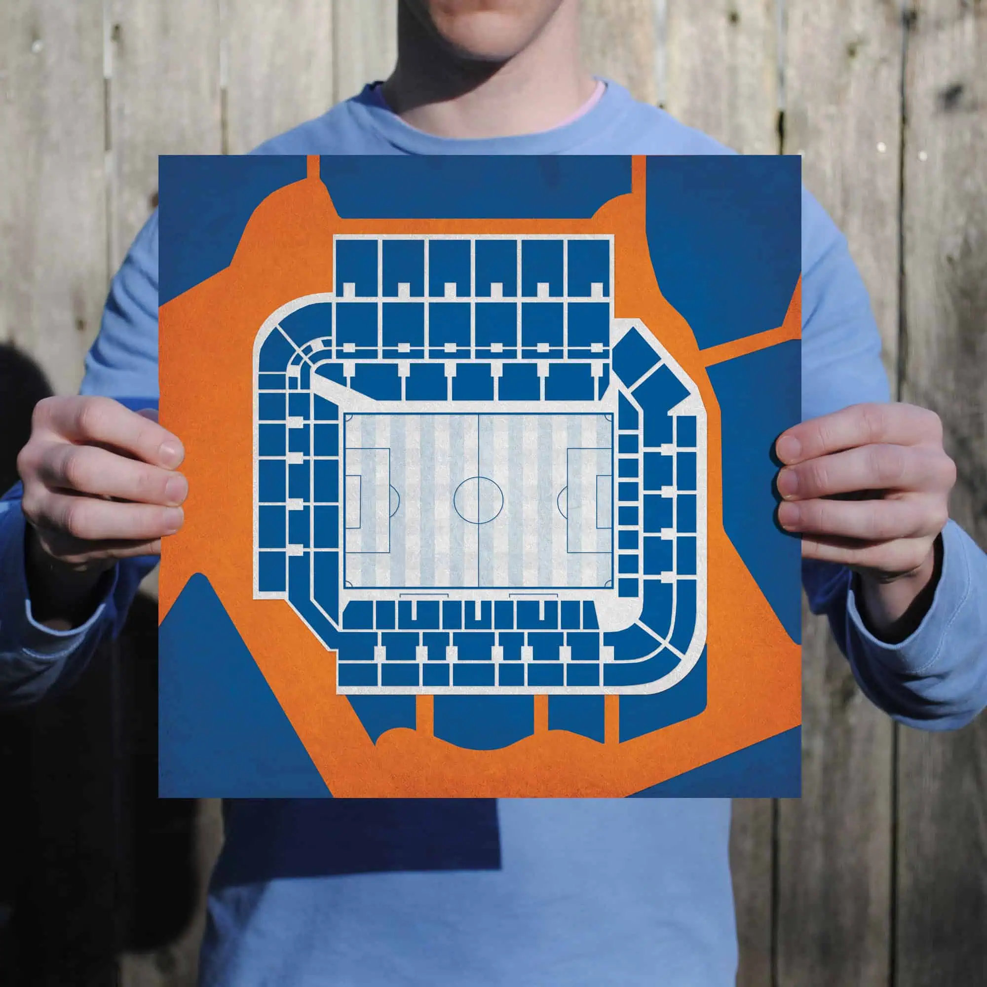 Blue and orange stadium seating chart for soccer game, outdoor sports venue, athletic arena seating plan, stadium seating layout, sports arena blueprint, The Map Shop.