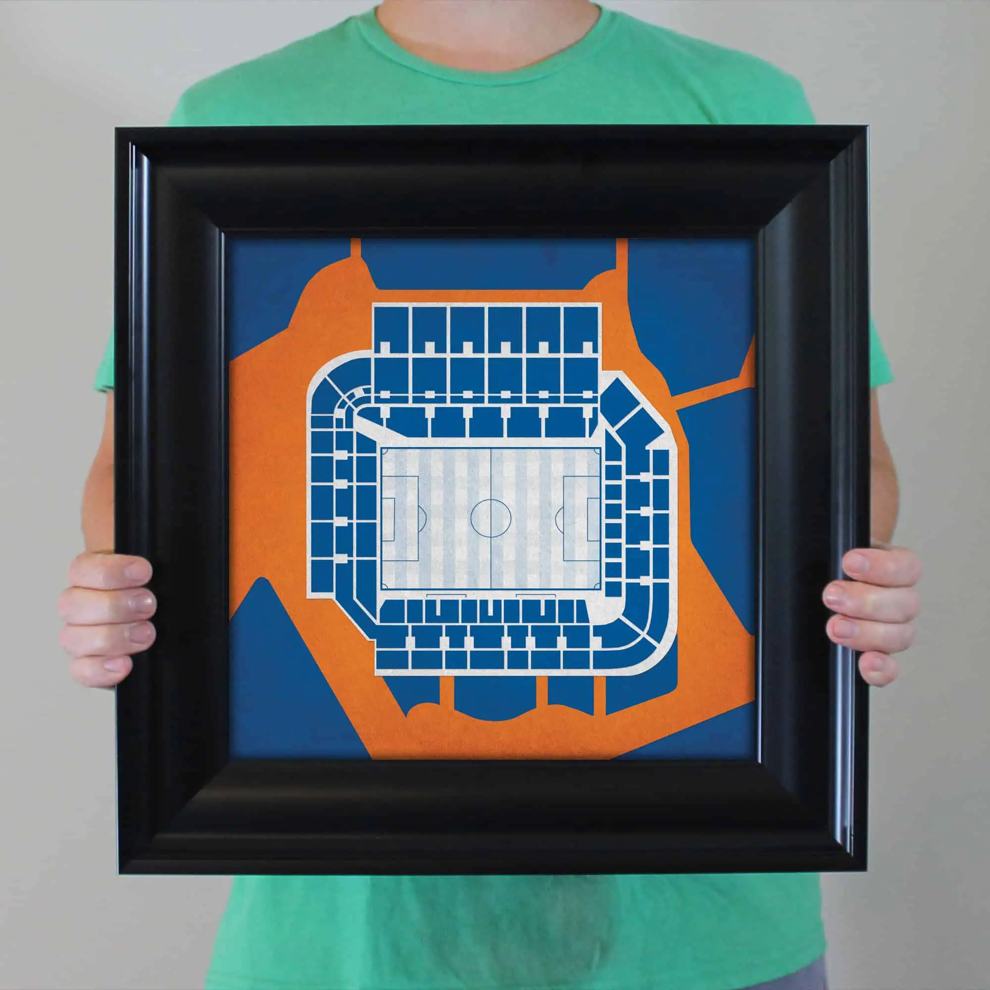 Map of a sports stadium or arena, showcasing seating arrangements and field layout for fans and visitors.