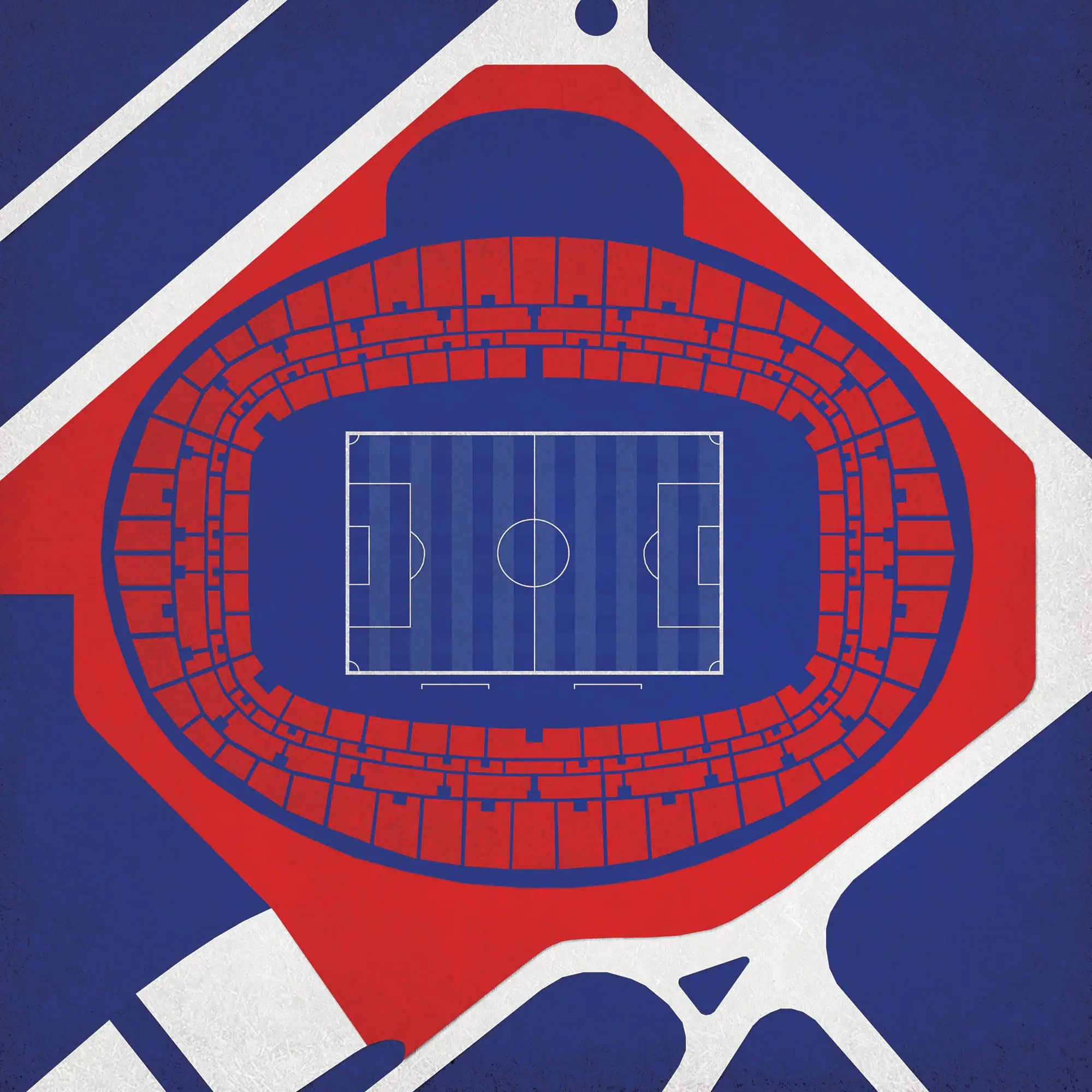 An aerial view of a modern sports stadium and nearby roads, showcasing detailed seating arrangements and a central soccer field, perfect for stadium maps, sports venues, and event planning.
