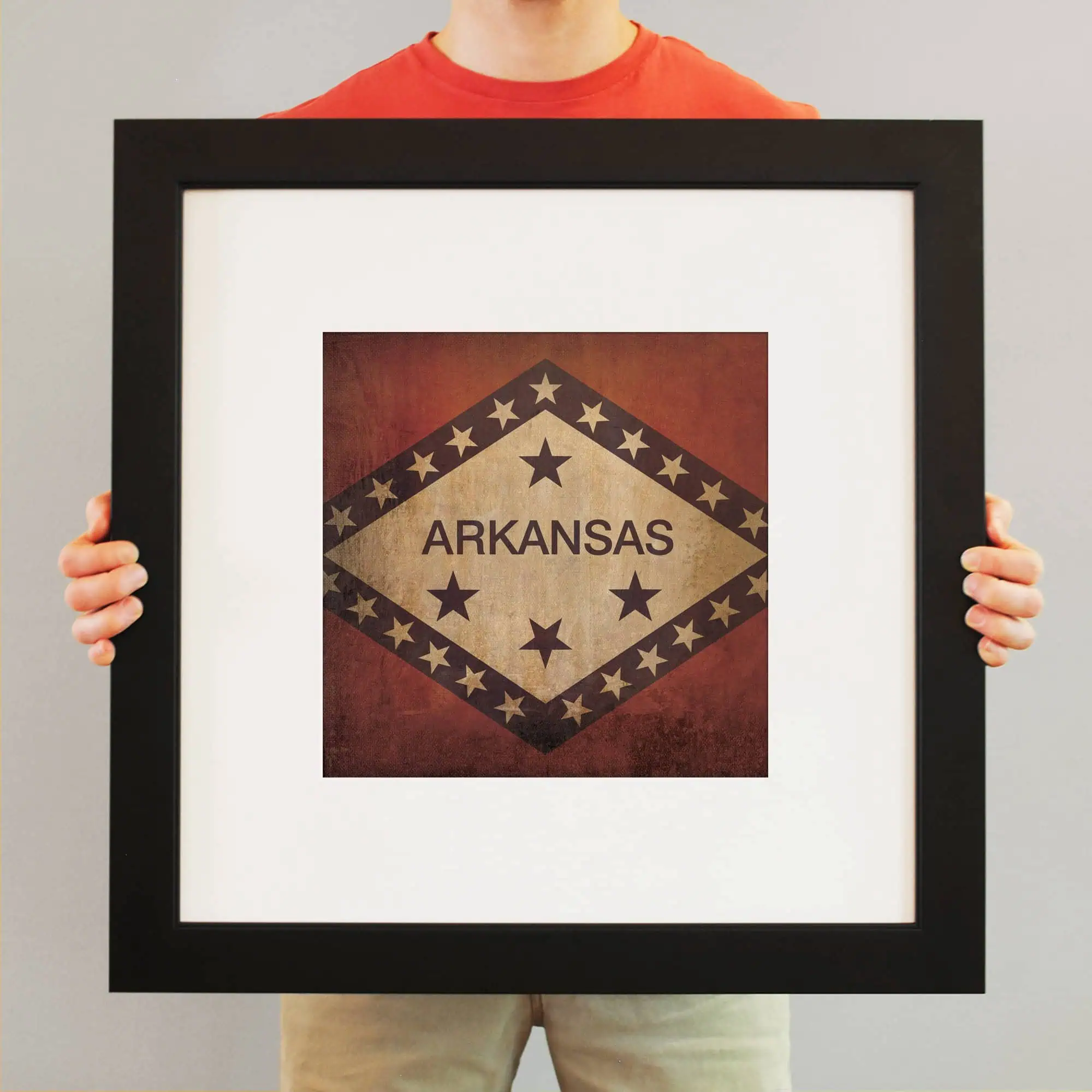 Vintage Arkansas state map artwork framed print for home decor, featuring rustic design elements and stars, ideal for collectors and Arkansas enthusiasts.