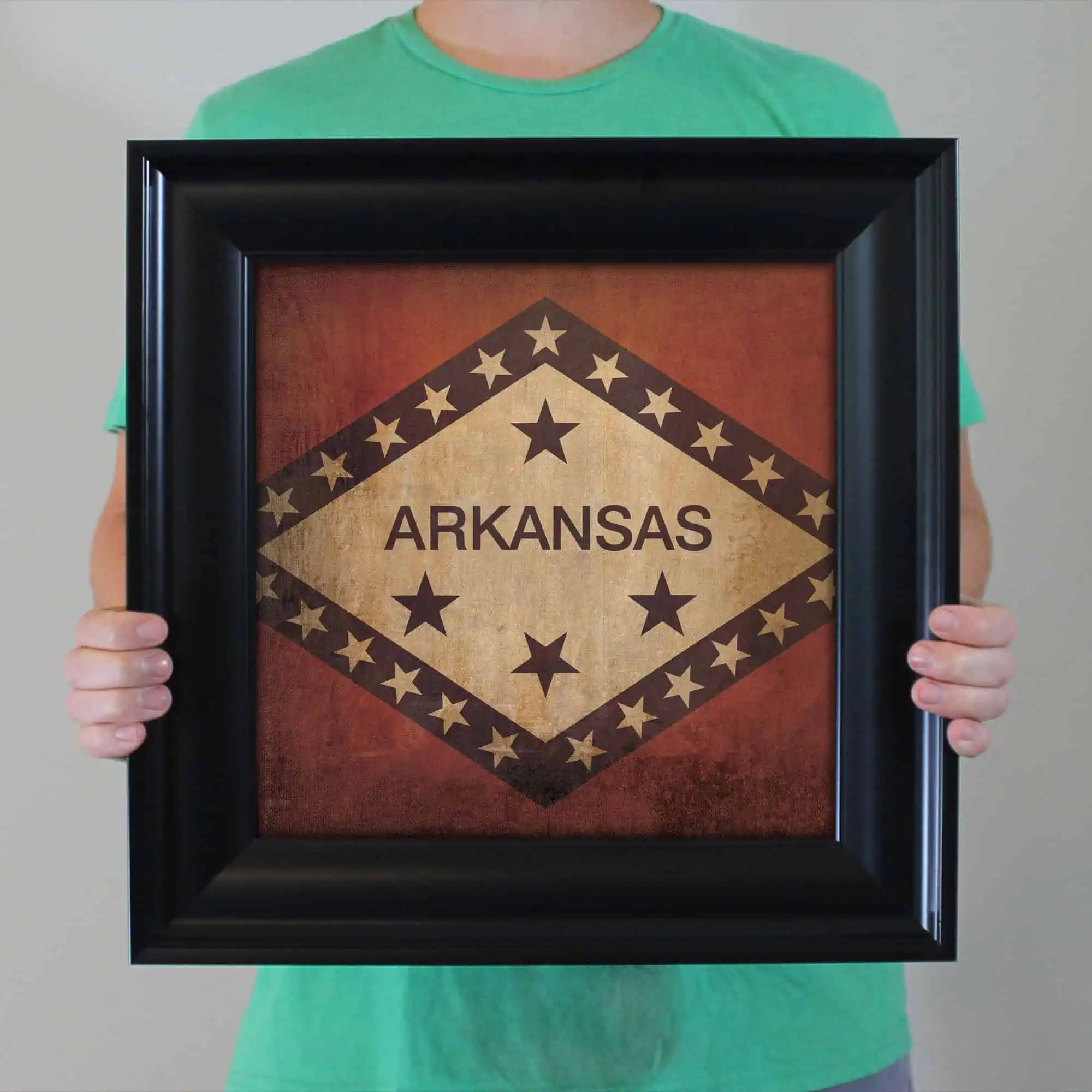 Arkansas state flag framed art, vintage style, designed with stars and bold lettering, perfect for home decor or vintage collection, representing Arkansas pride and state identity.