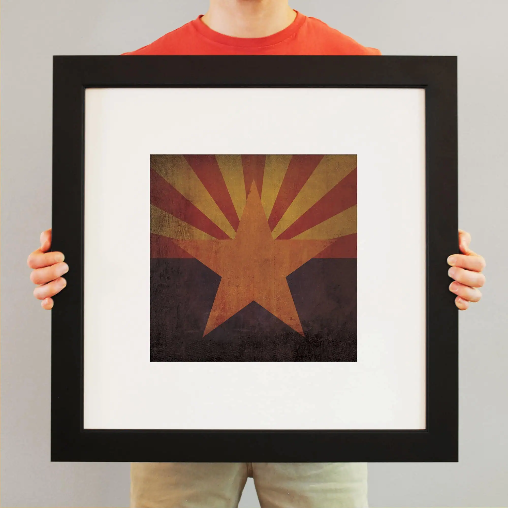 Vintage distressed star and rays artwork poster framed print, ideal for home decor, wall art, and Americana themes, available at The Map Shop specializing in maps and artistic prints.