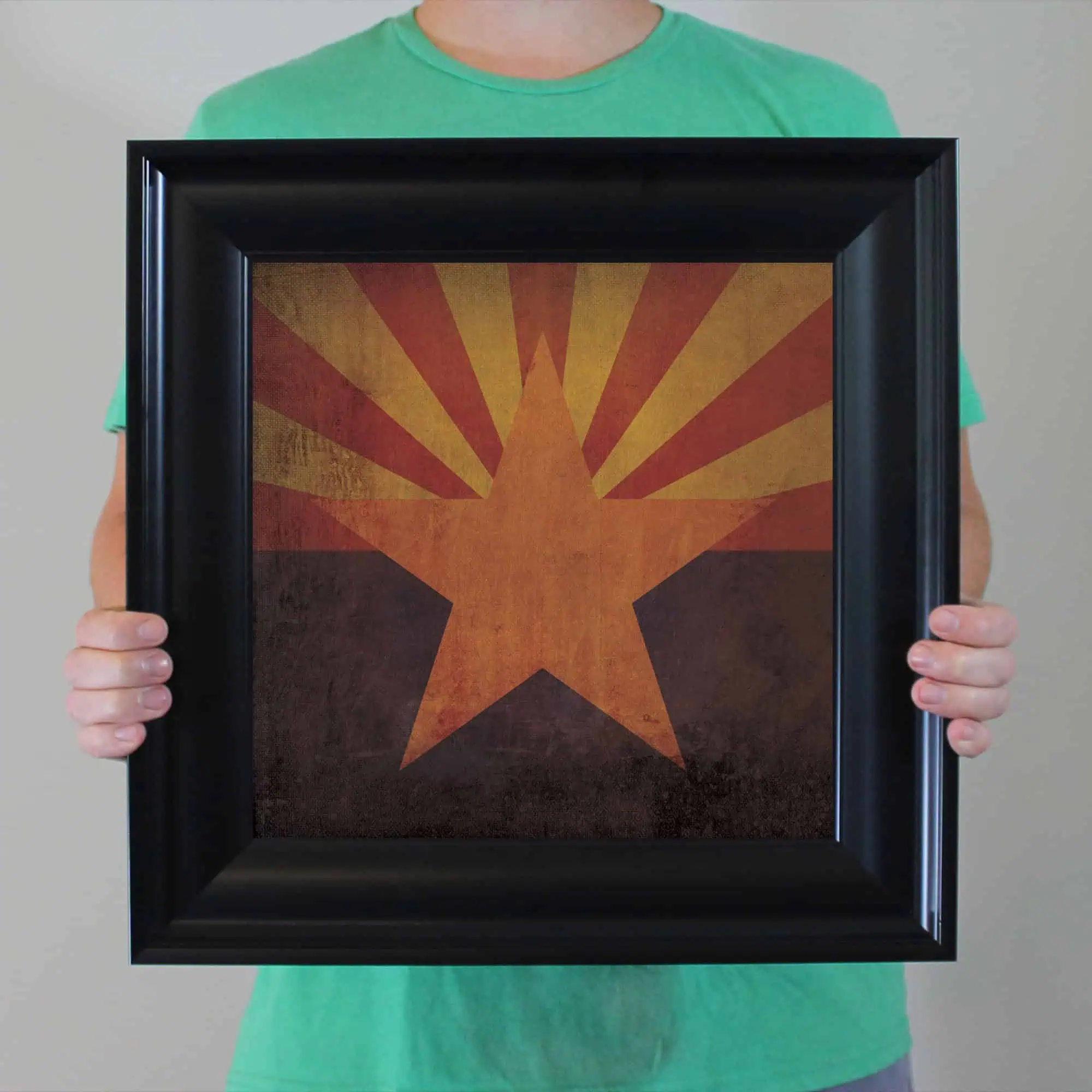 Vintage-style Arizona state flag print framed art with bold colors and sunset rays, perfect for decorating homes, offices, or lakeside cabins. Unique wall decor celebrating Arizona's heritage.