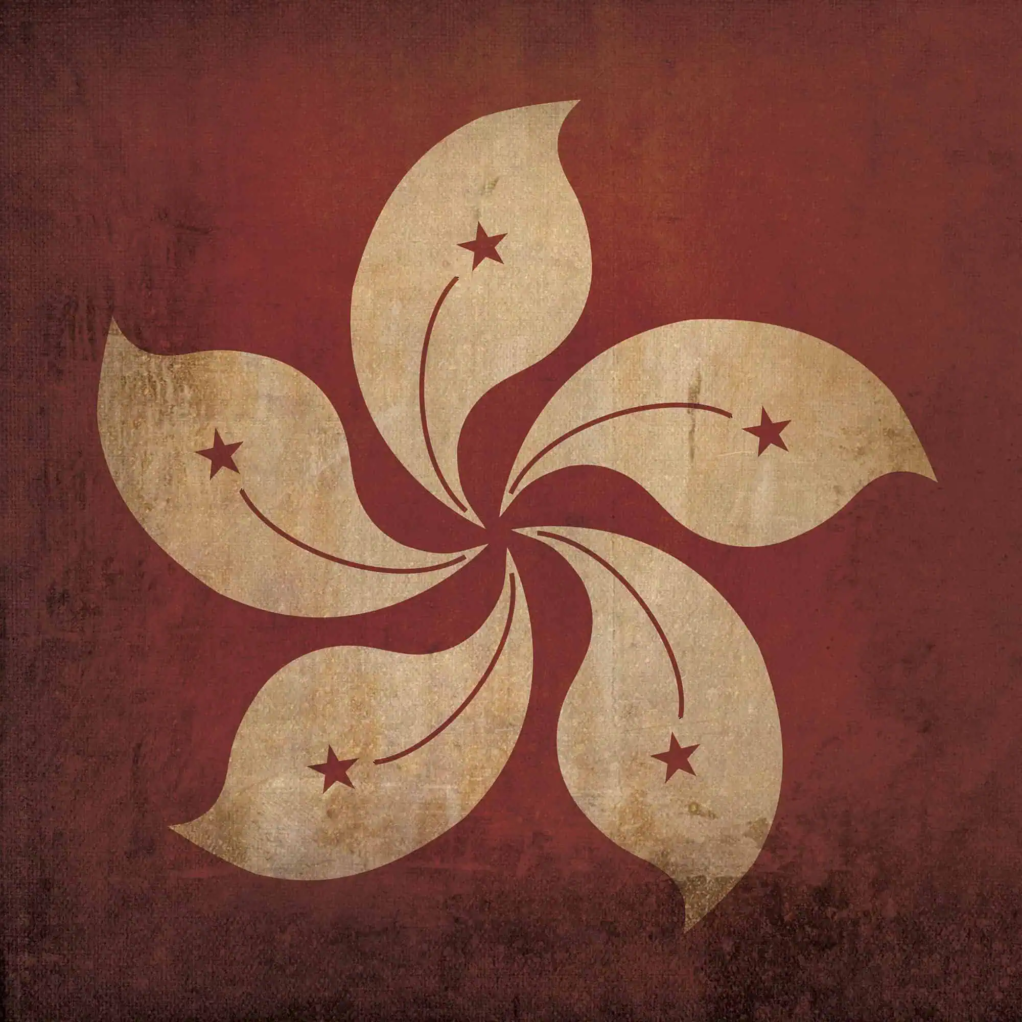 Vintage Hong Kong flag with distressed texture, featuring a stylized flower design symbolizing Hong Kong's cultural heritage and history. Ideal for travel, maps, and geographic resources.