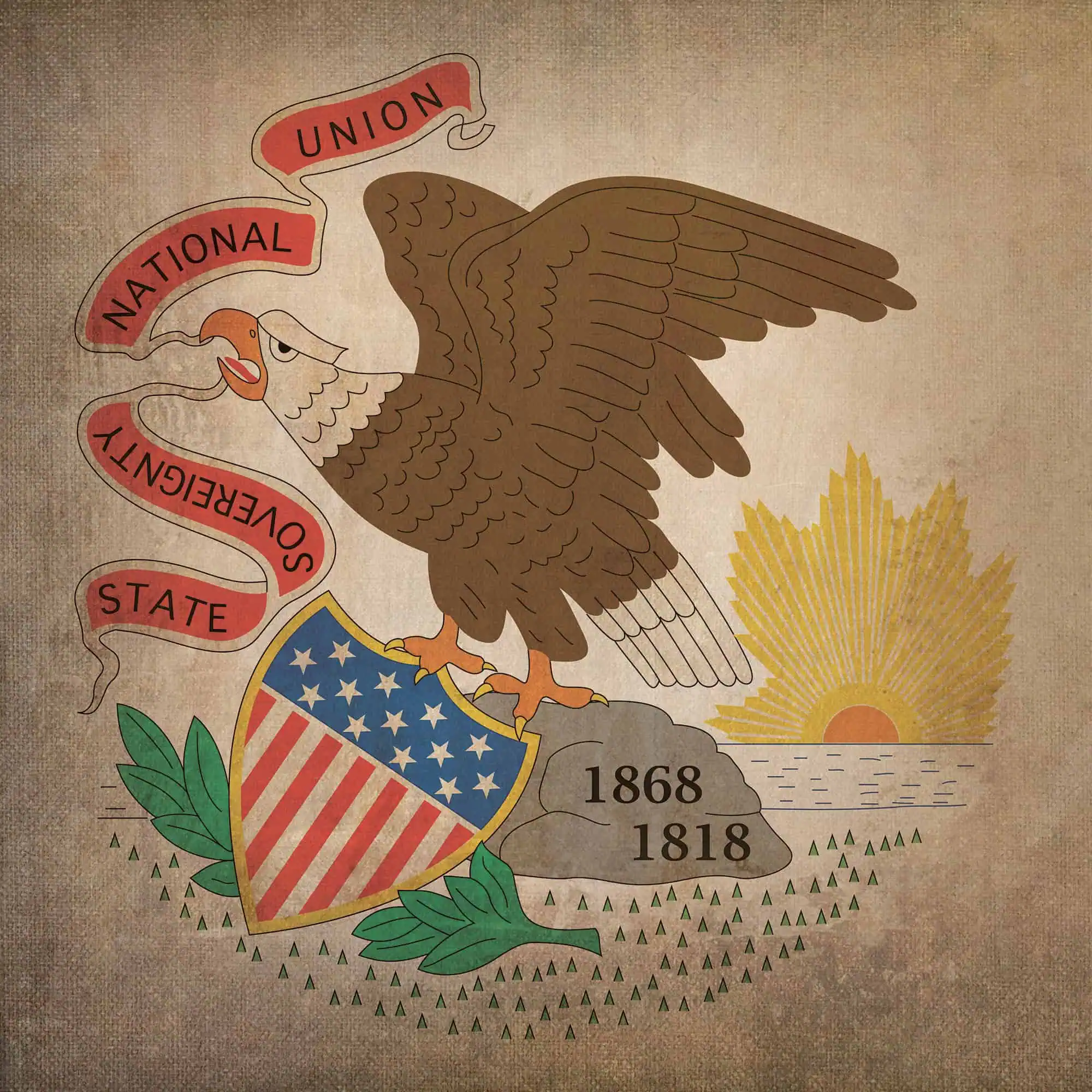 Bald eagle with American flag shield, emblem of the United States, featuring the years 1868 and 1818, symbolizing national pride, liberty, and patriotism.