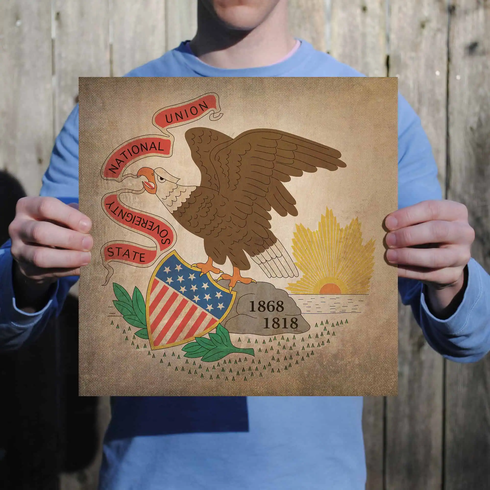 Flag of the United States with eagle, patriotic symbolism, historical years 1868 and 1818, vintage style, national pride, original American illustration, folk art, map shop merchandise, vintage American logo design.