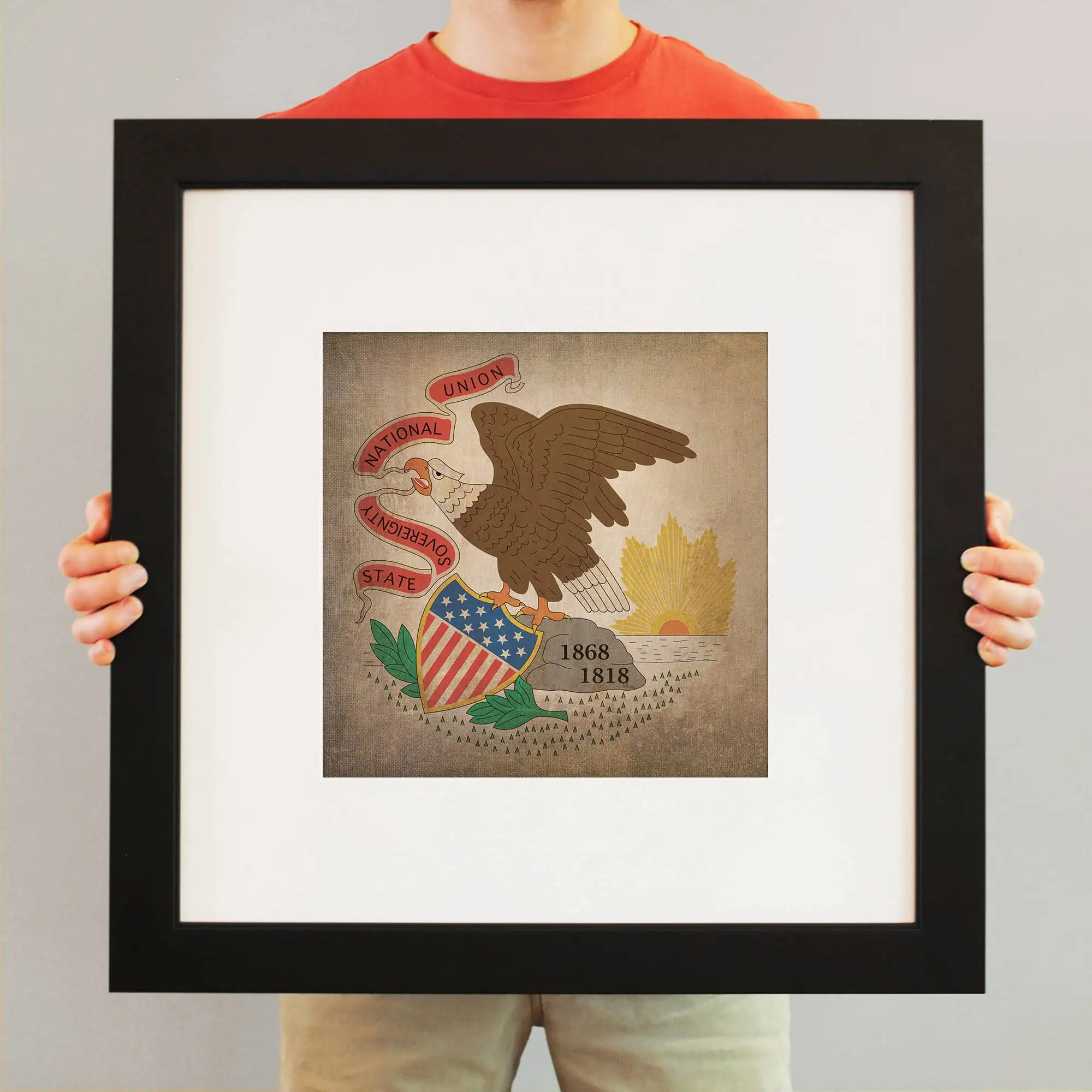 Vintage state seal artwork featuring the American eagle and historical dates.