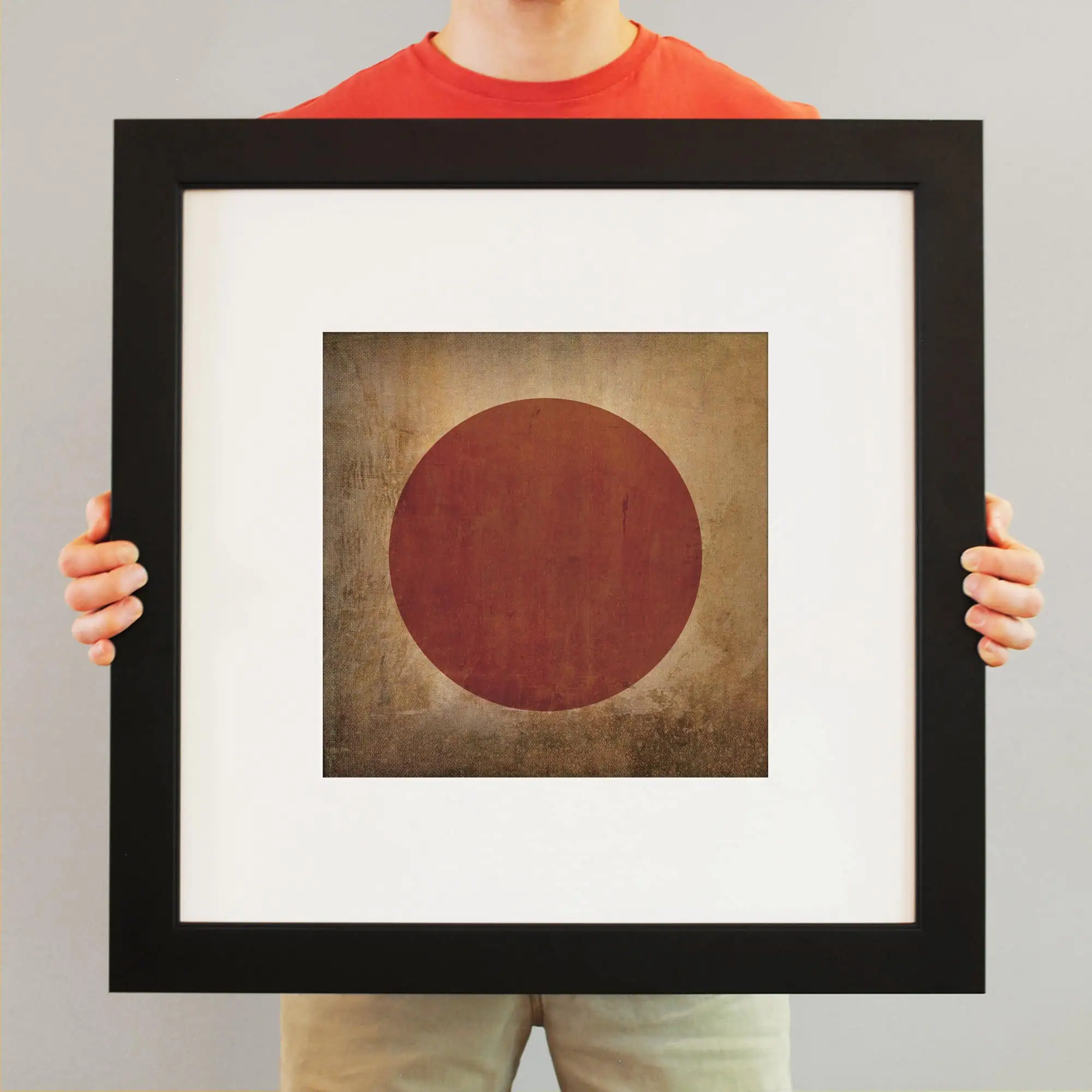 Vintage Japan flag art print framed wall decor, perfect for home or office, featuring a distressed red circle on textured beige background.