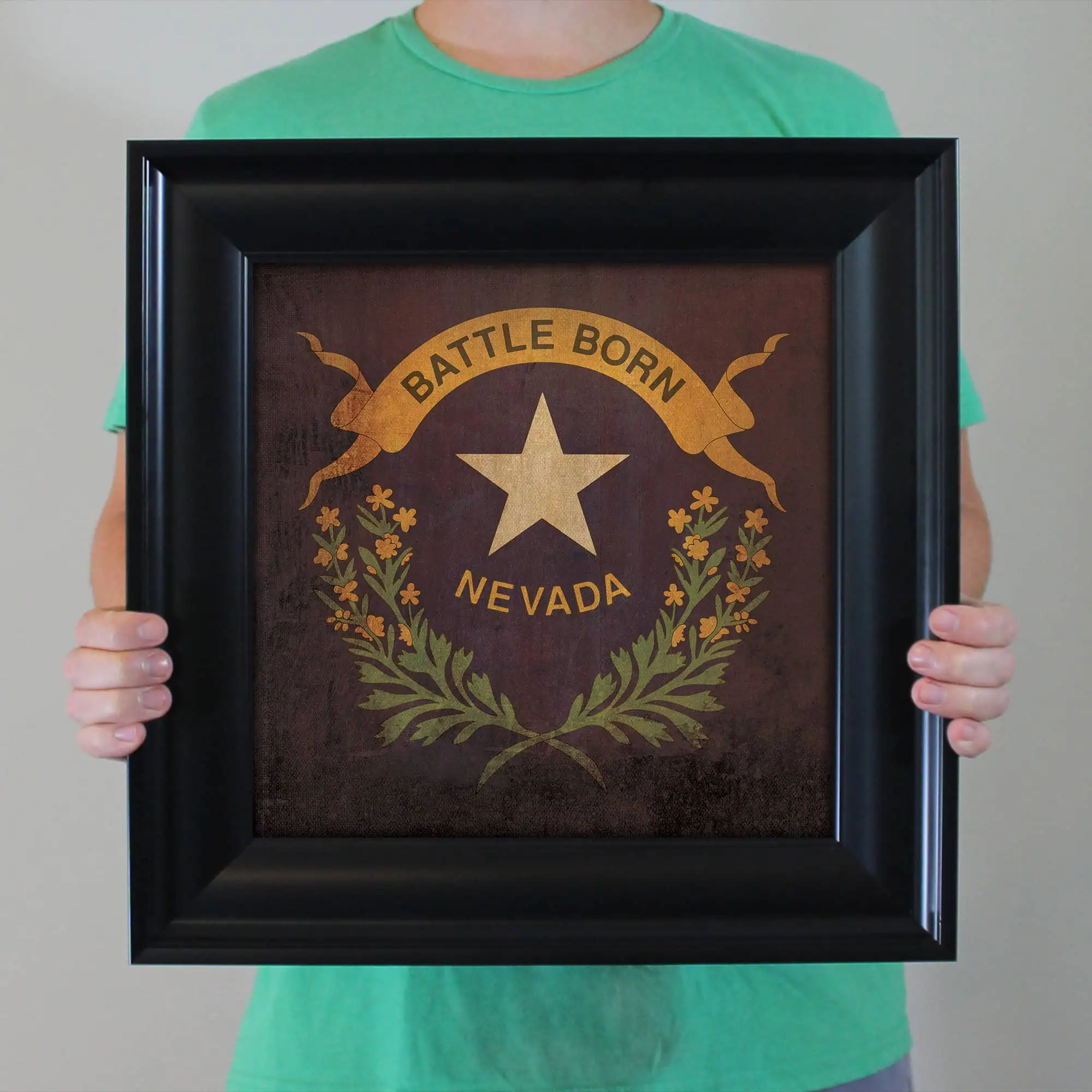 Vintage Nevada state emblem artwork with "Battle Born" motto, framed and displayed as wall decor.