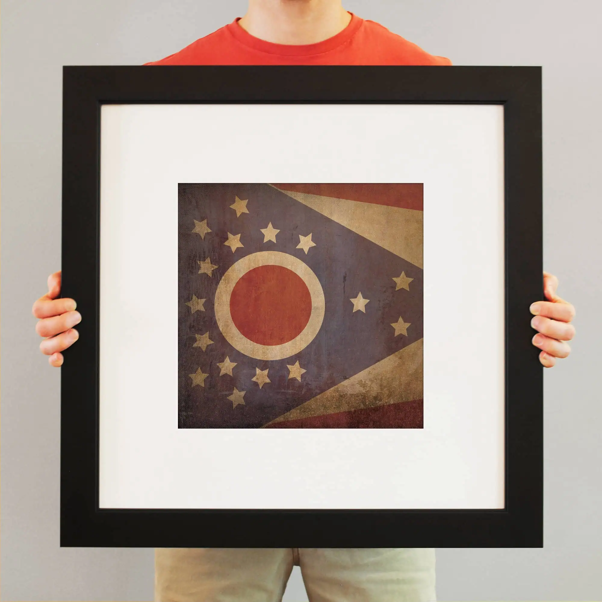 Vintage Ohio state flag artwork framed for wall decor with patriotic design.