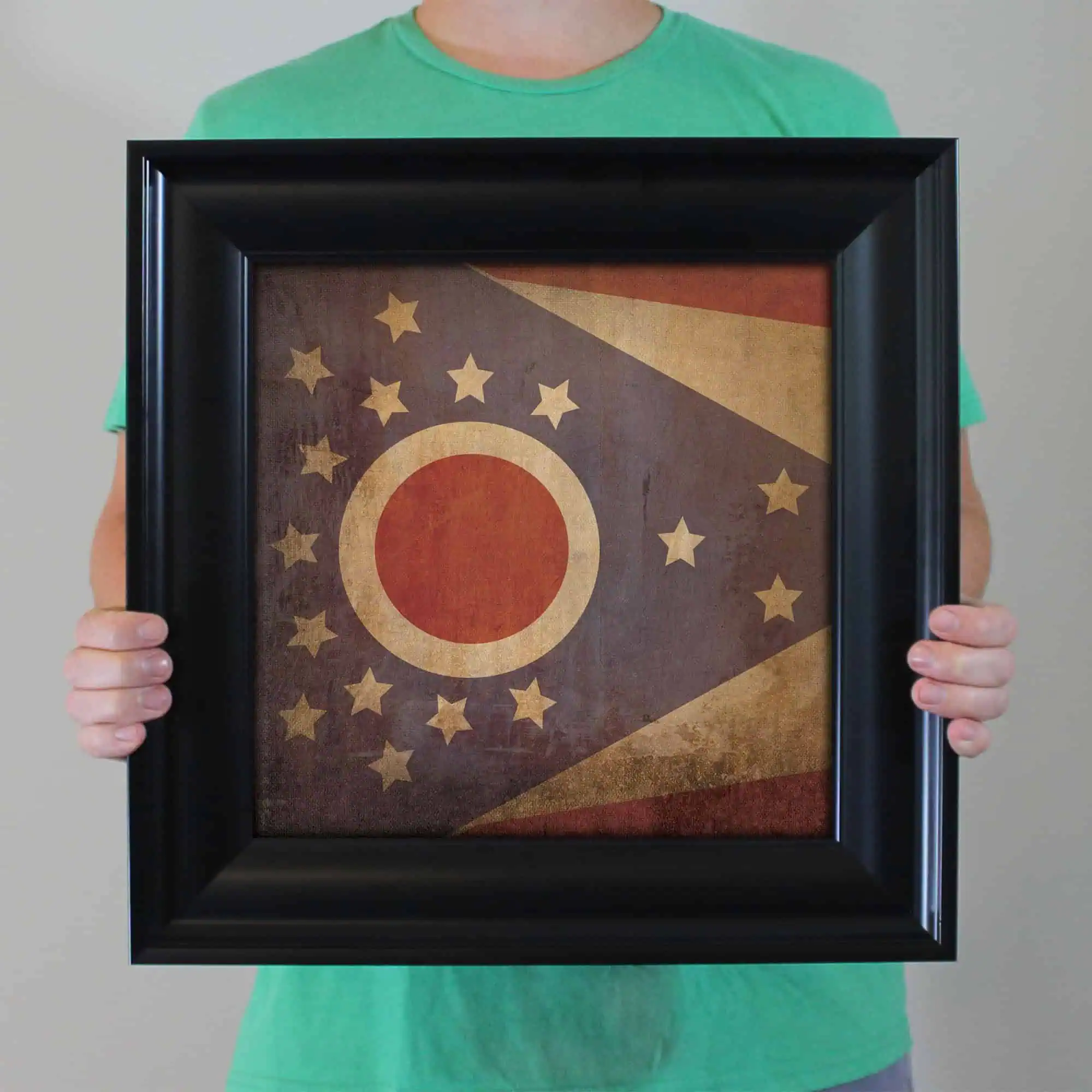 Vintage Ohio state flag art framed print, rustic design, collectible Ohio memorabilia, home decor, Ohio souvenirs, Ohio pride wall art, Ohio state pride gift, Ohio historic symbols, retro Ohio flag.