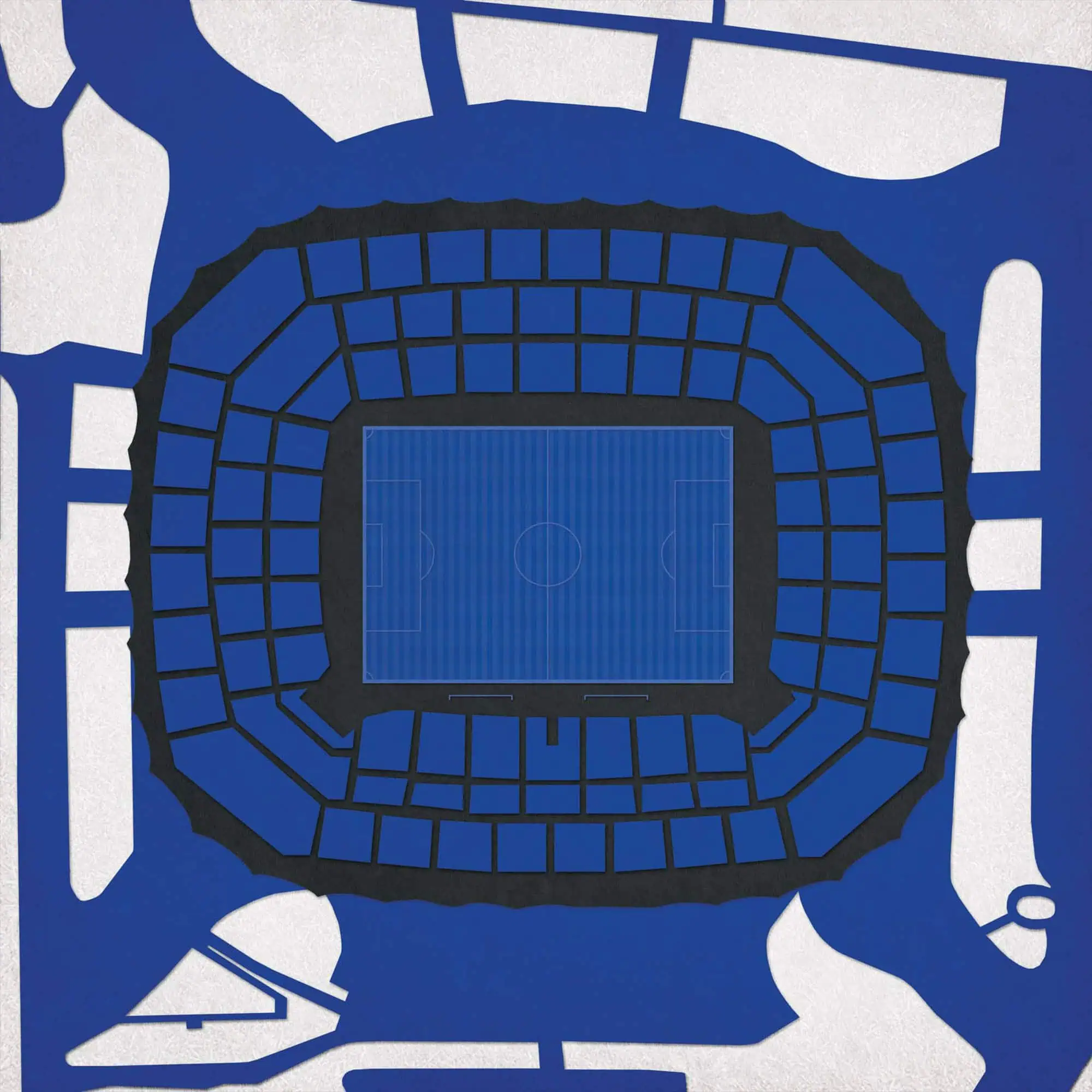Stadium seating chart featuring blue seating sections surrounding a central sports field at The Map Shop, perfect for sports fans and event planning.