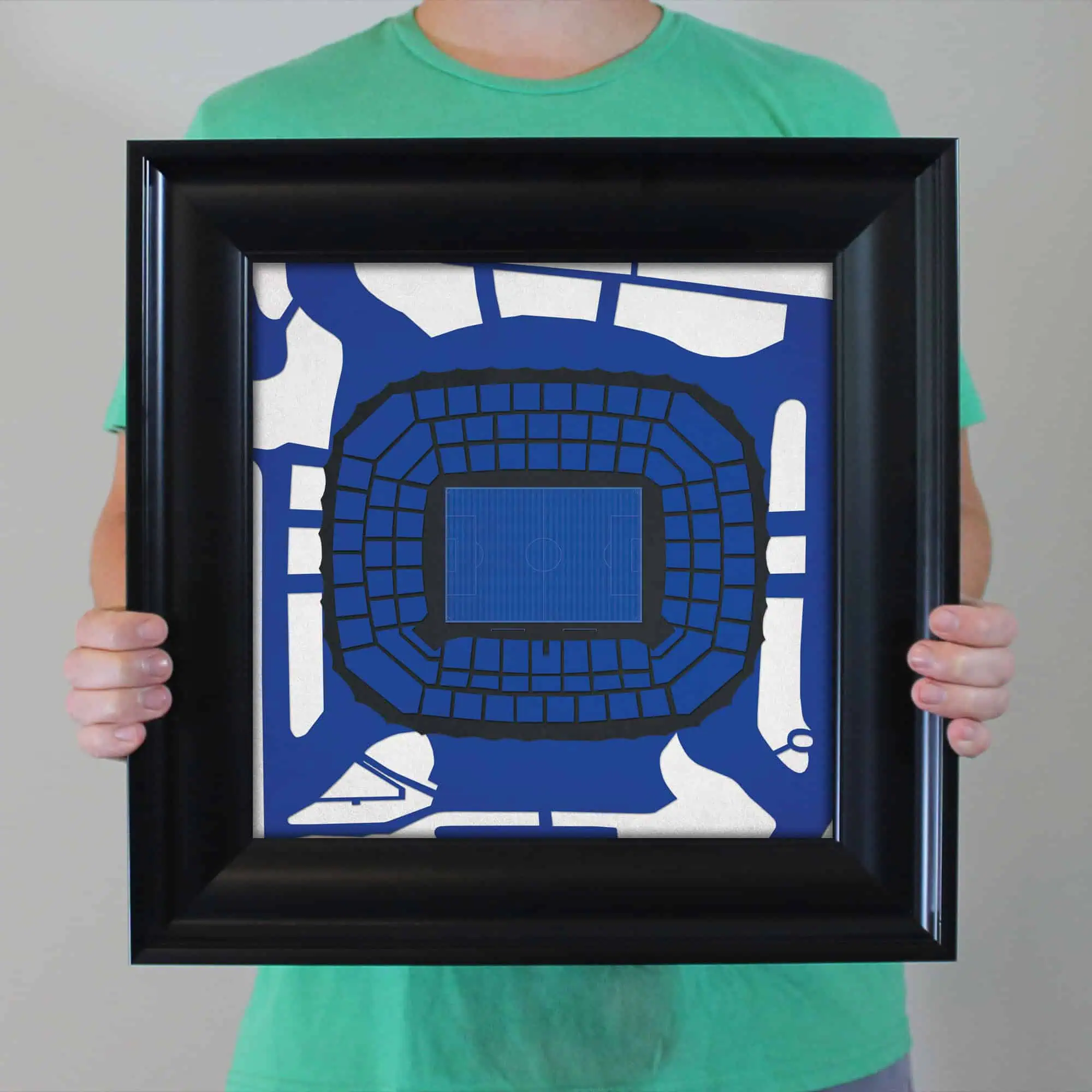 Blue and white stadium seating map artwork framed for sports venue decor.