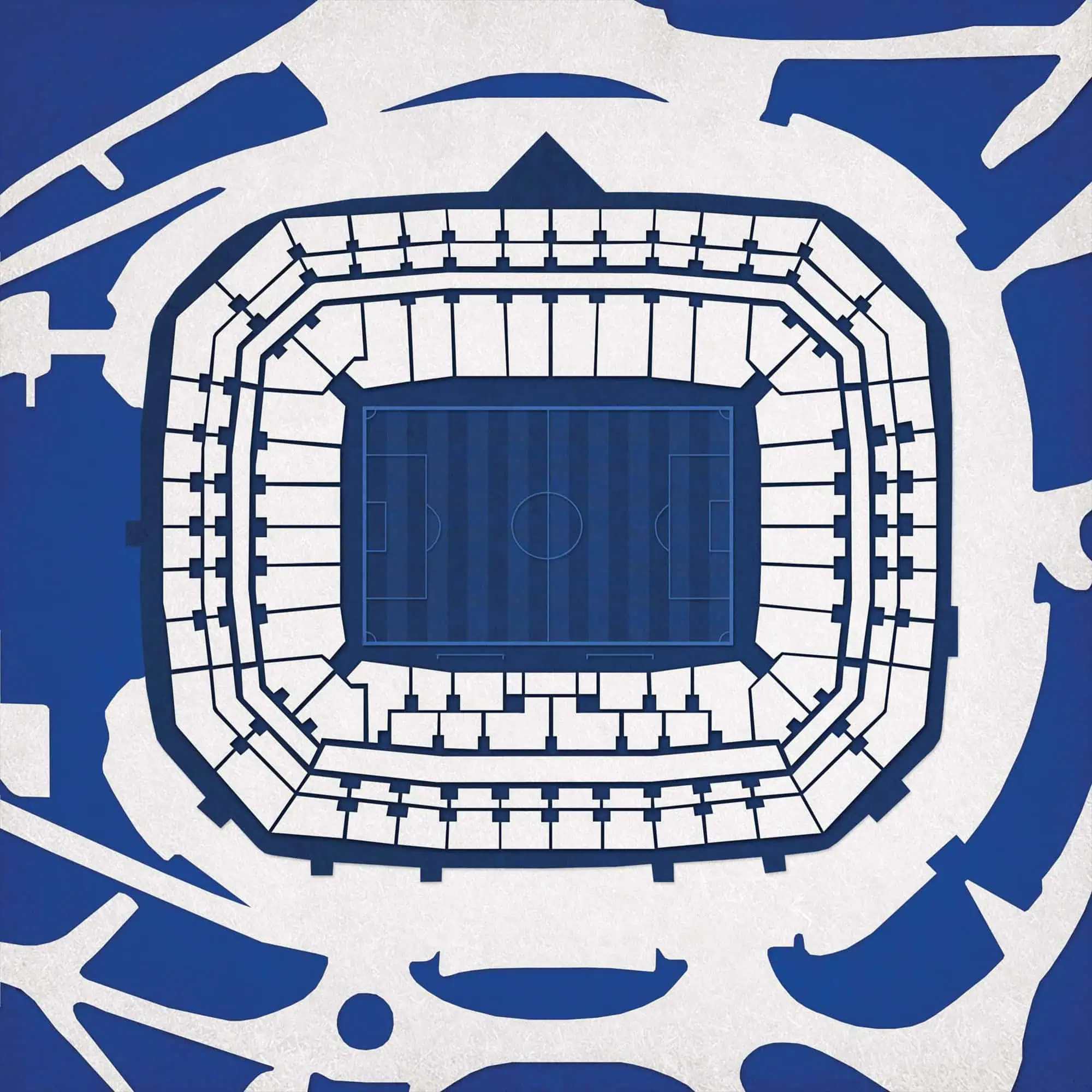 Aerial view of a football stadium with surrounding roads, showcasing detailed seating arrangements and field layout, perfect for sports maps, navigation, and travel planning.