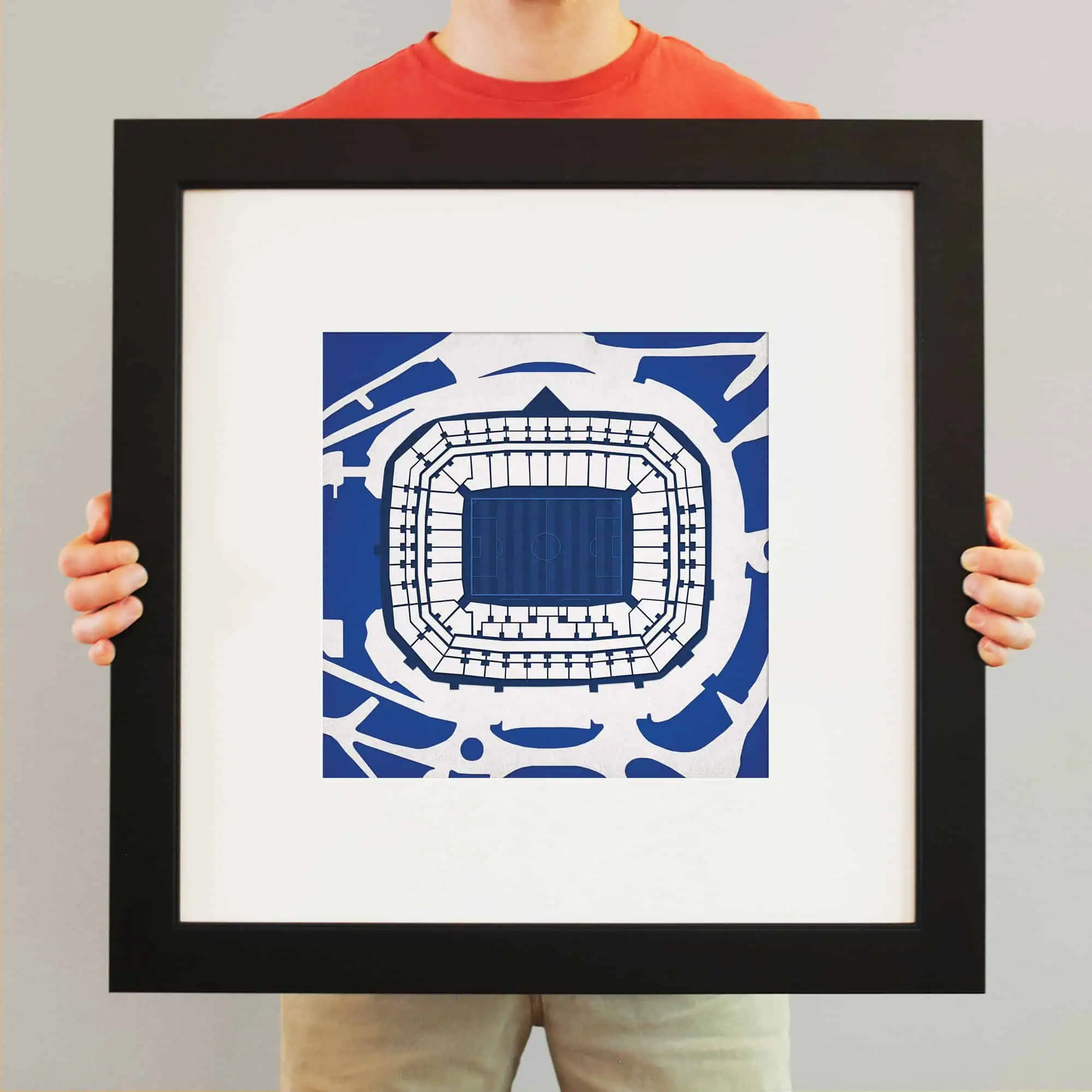 Bird's-eye view of a soccer stadium with seating and field, vibrant blue and white color scheme, modern sports arena, and detailed architectural illustration for stadium maps, sports venues, and memorabilia.
