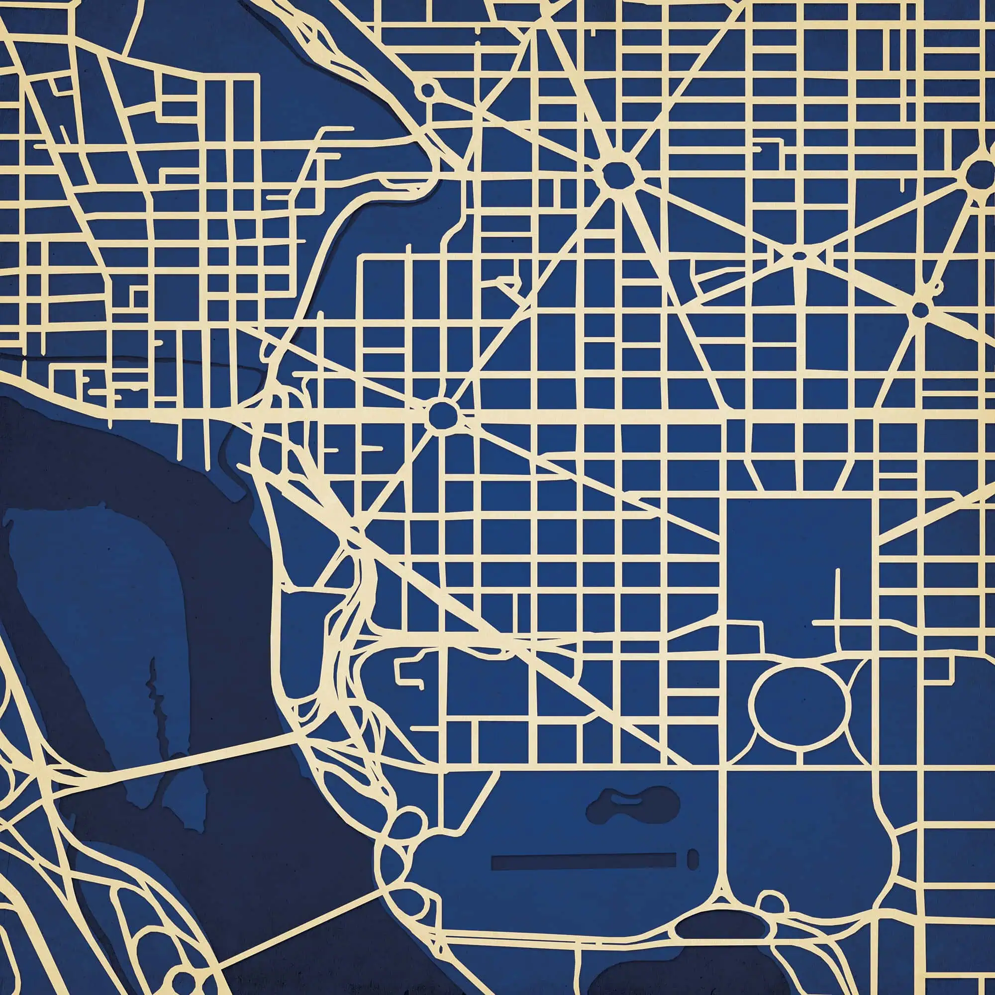 Detailed city street map with roadways, parks, and water bodies, ideal for navigation, travel planning, and geographic reference. Featuring a modern, stylish design in blue and beige tones.