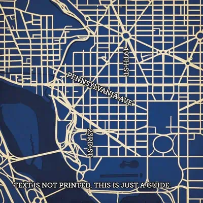 Detailed street map of downtown with Pennsylvania Avenue, 23rd Street, and surrounding areas, highlighting key roads and city layout for navigation and travel planning.