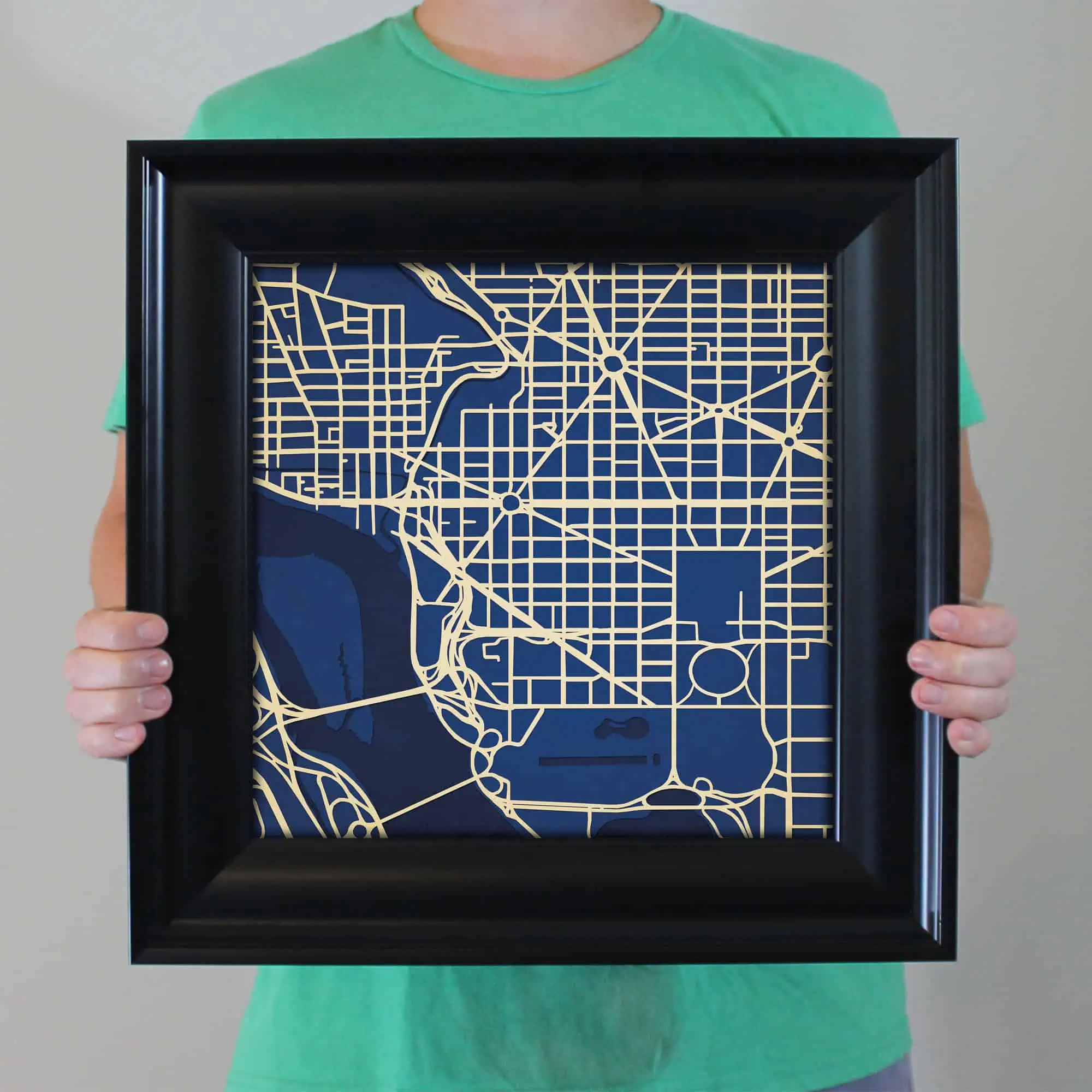 Detailed map of a city with streets, parks, and waterways, presented in a modern minimalist style, showcasing urban navigation and geographic features.