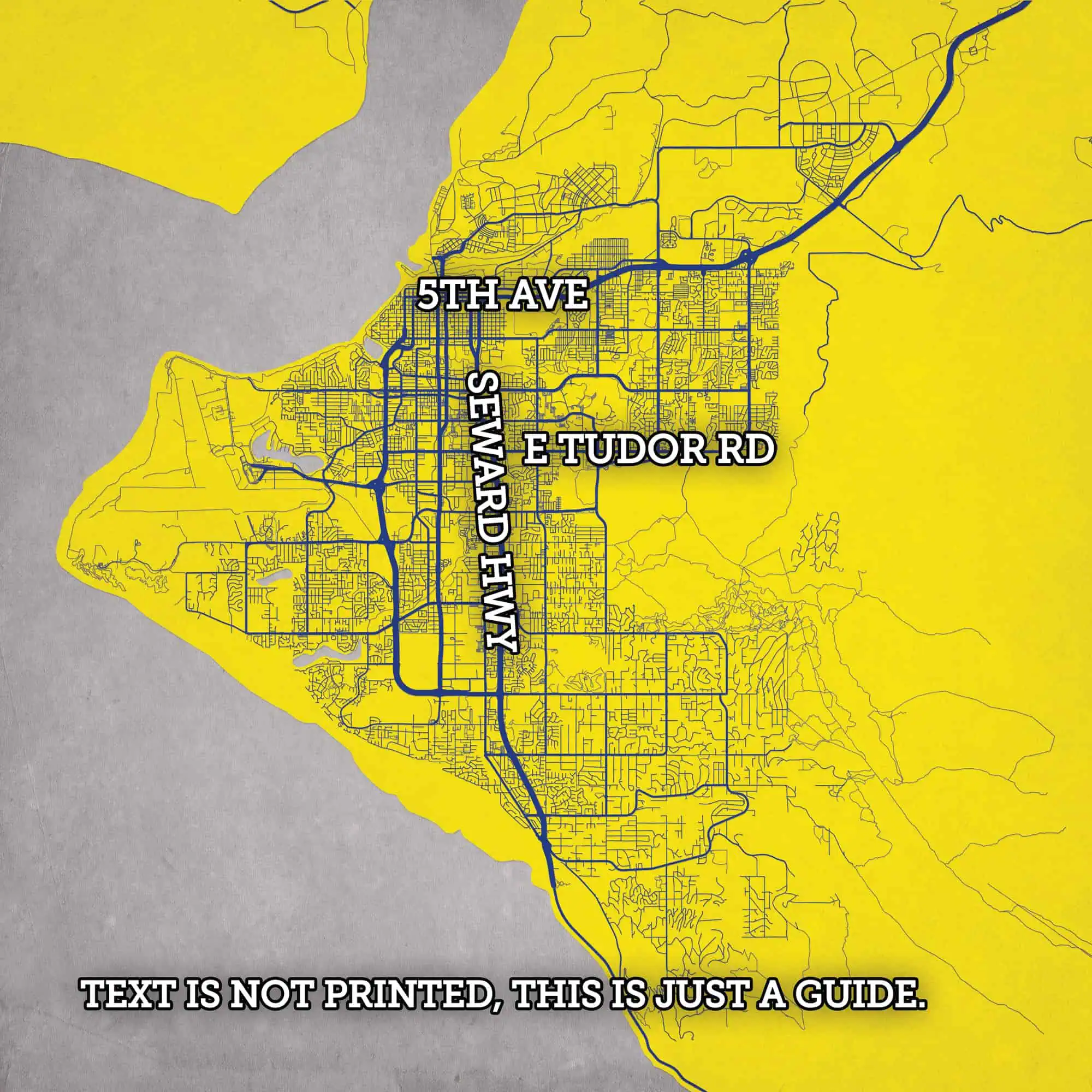 Map of city streets and neighborhoods with labeled major roads including 5th Ave, E Tudor Rd, Seward Hwy, and E Tudor Rd, highlighting key locations for outdoor activities and travel planning.