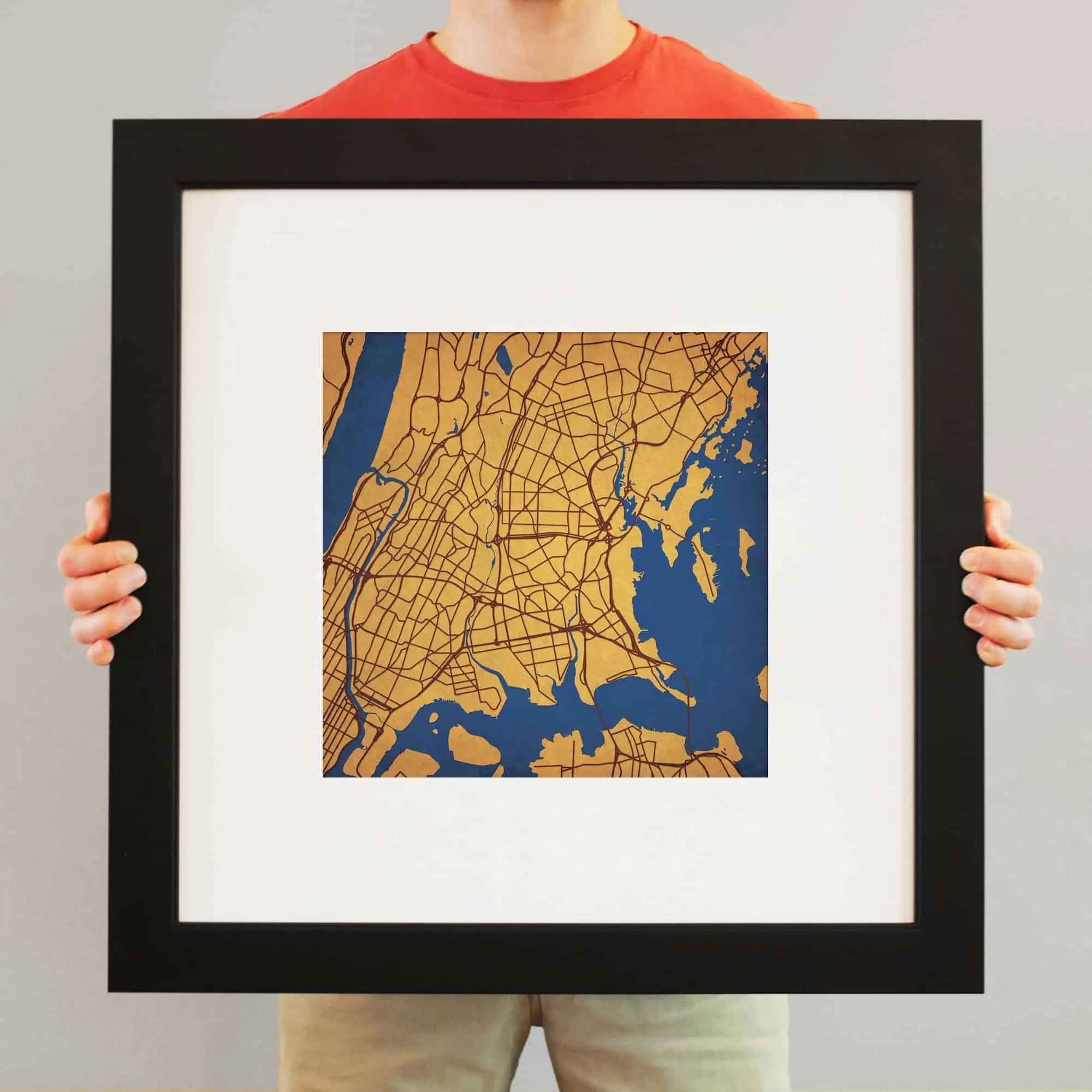 Detailed city map artwork framed in black, showcasing urban streets and waterways for decorative wall decor or travel enthusiasts.