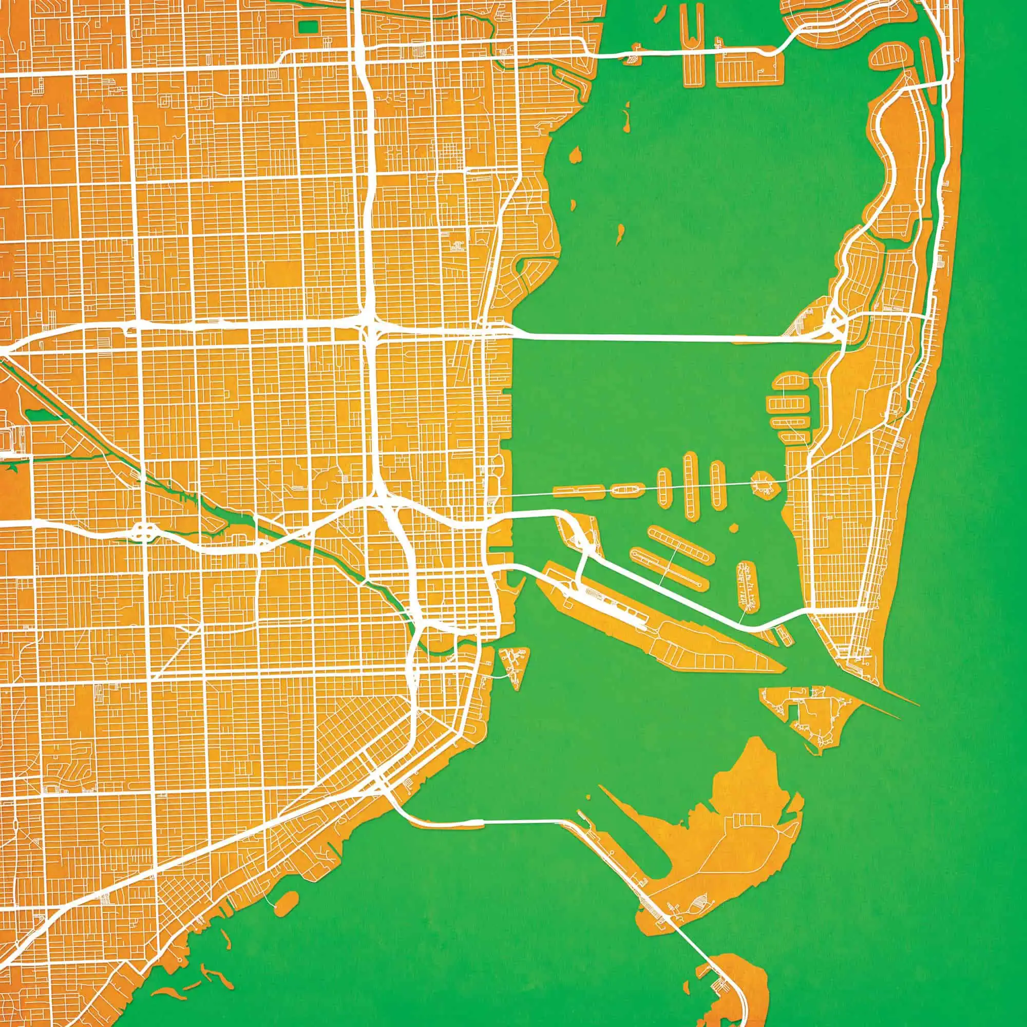 Map of a coastal city showing streets, highways, waterways, and marinas, ideal for navigation and travel planning.
