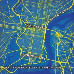 Vine Street and Schuylkill Expressway map of Philadelphia showing major roads and highways for navigation and travel planning.