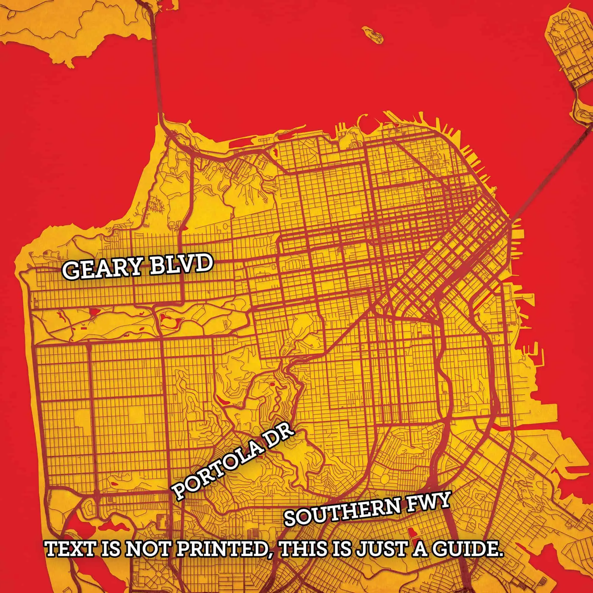 Geary Blvd, Portola Dr, Southern Fwy map of San Francisco, California, highlighting major streets and neighborhoods for travel, navigation, and geographic reference.