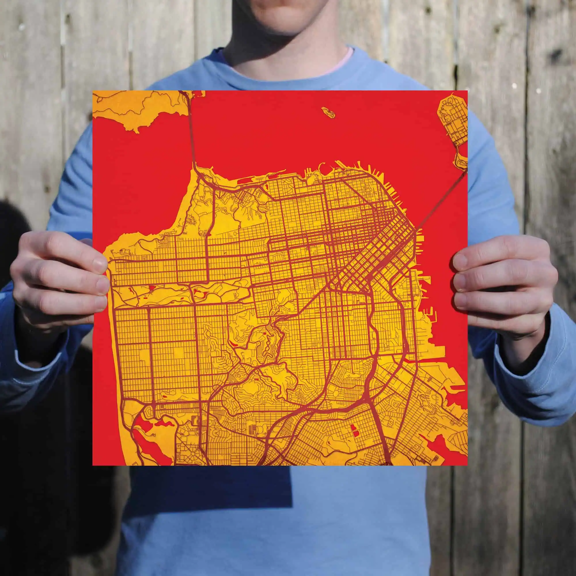 Detailed city street map of San Francisco with vibrant red and yellow colors, showcasing streets, parks, and geographical features, perfect for navigation and geographic analysis.