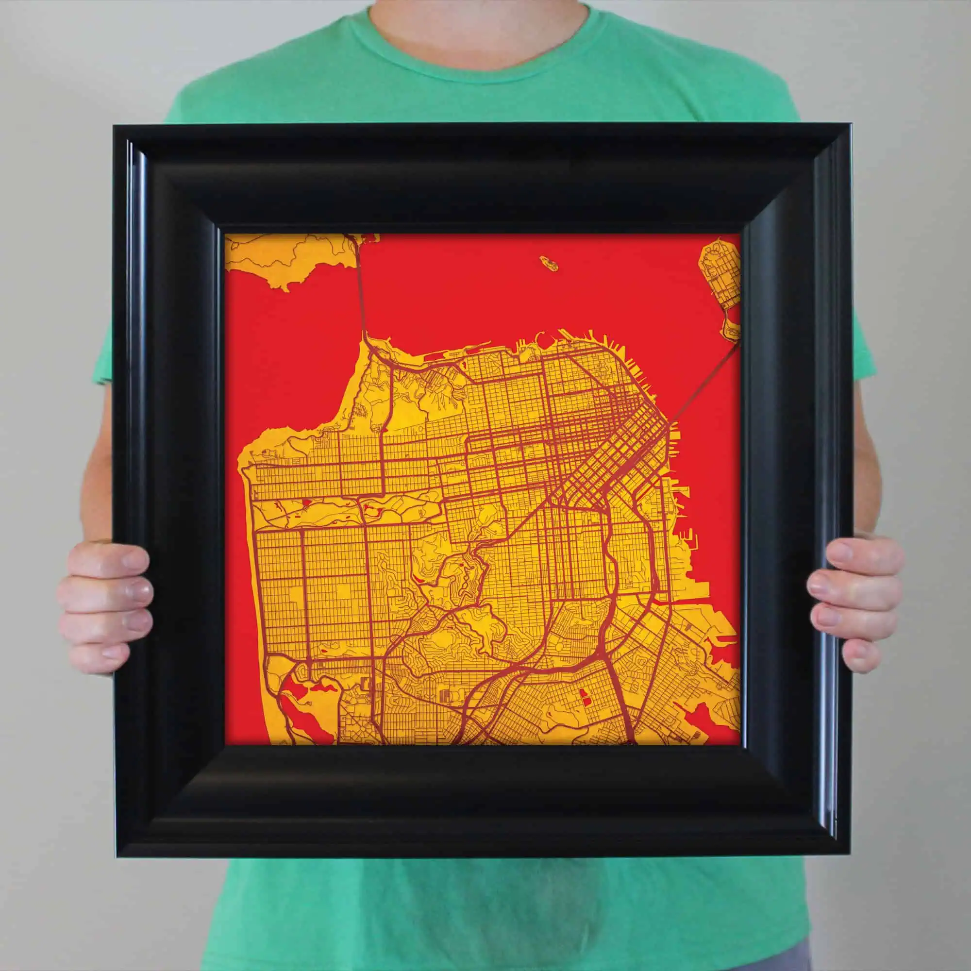 Map of San Francisco urban area with detailed street grid and water boundaries, styled in yellow and red for visual impact; perfect for city mapping and navigation enthusiasts.