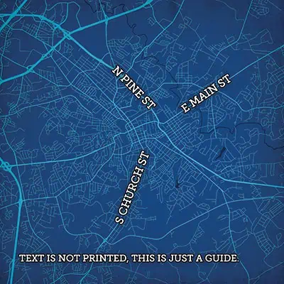Detailed street map of downtown area showing Pine Street, Main Street, and Church Street in a blueprint style, ideal for navigation, city planning, and geographic reference.