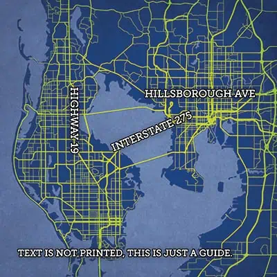 Detailed digital map showing highways and streets around Hillsborough Avenue and Interstate 275, useful for navigation and travel planning in the Tampa Bay area.