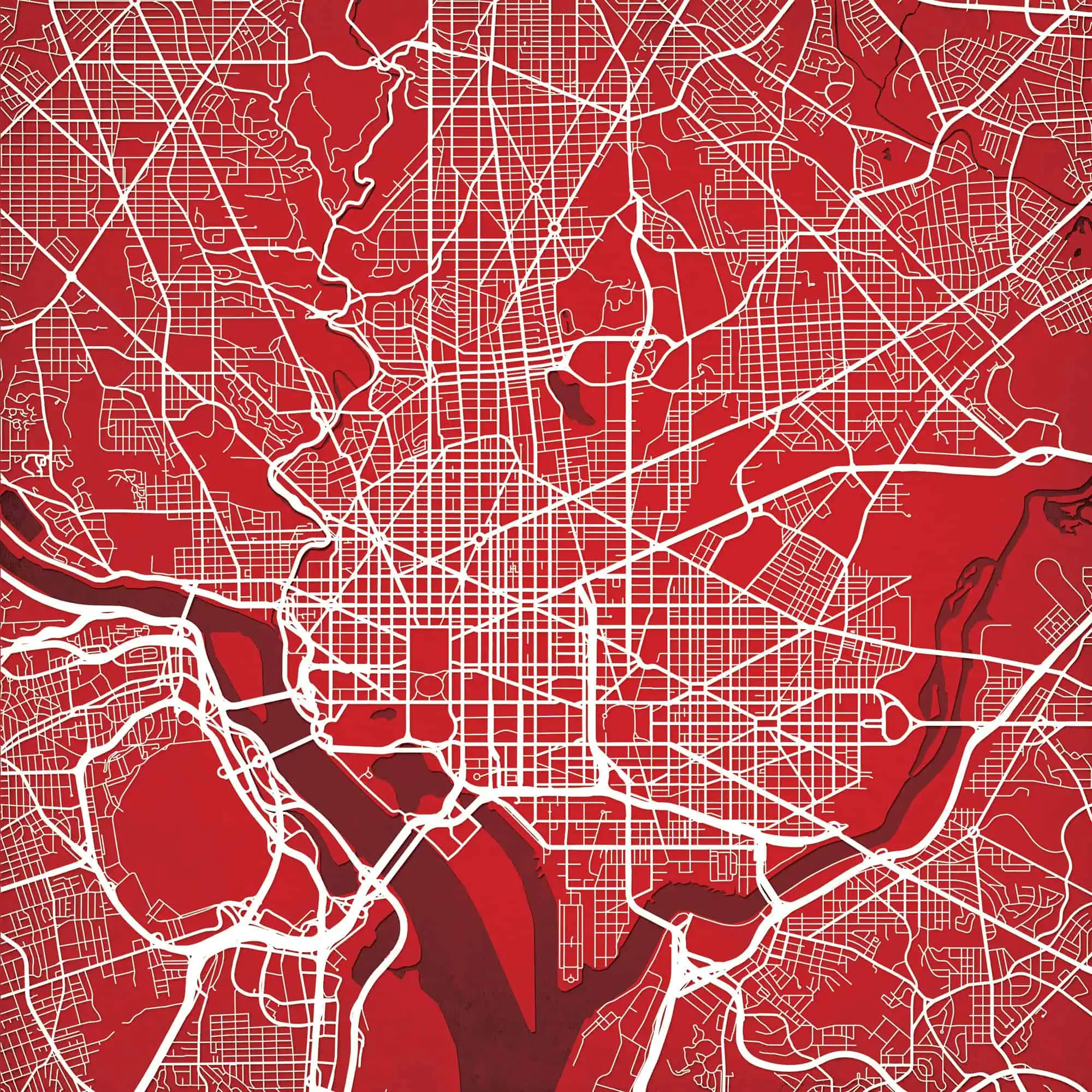 Downtown city map with detailed street grid and waterways, showcasing the urban layout and transportation routes for cartography and navigation enthusiasts.