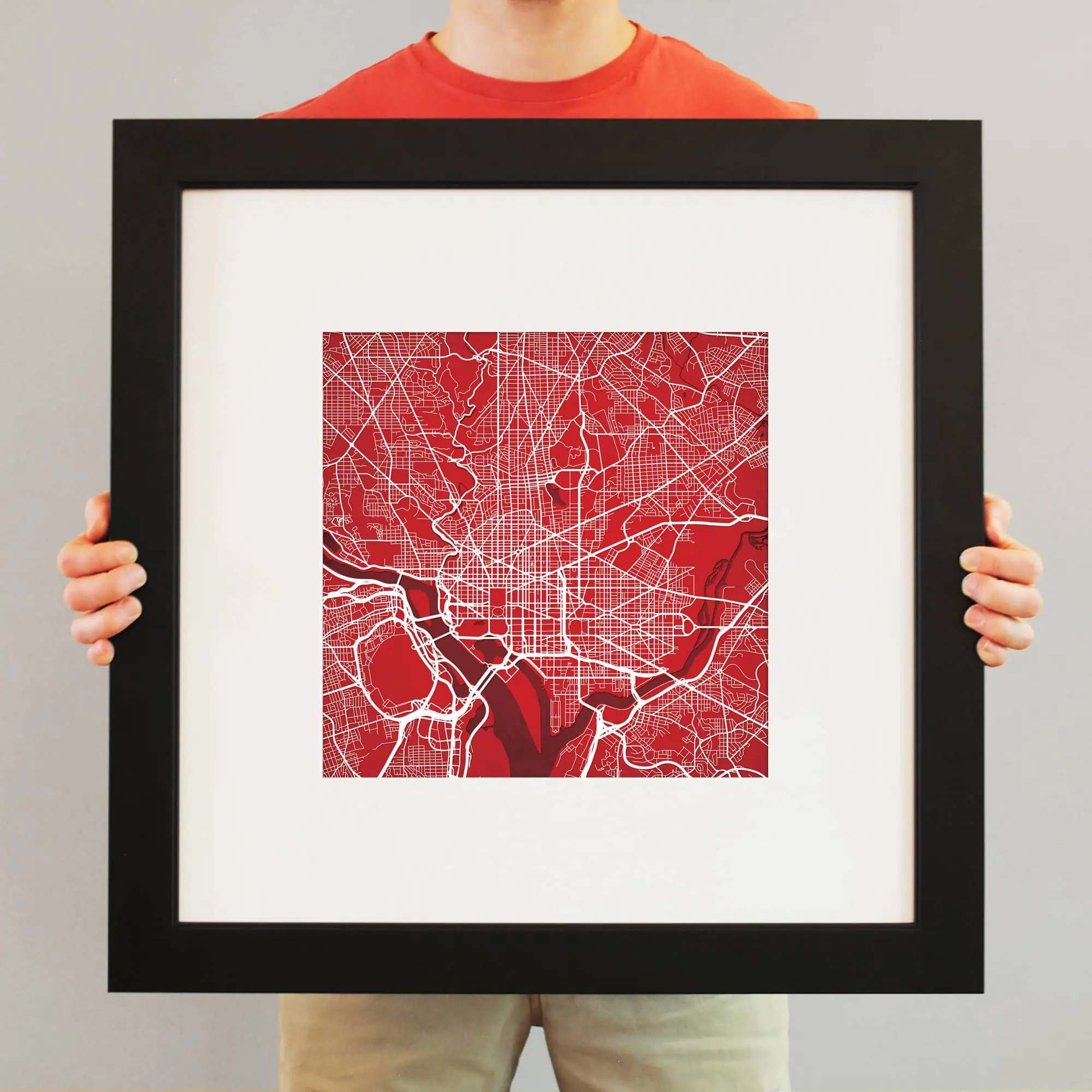 Map of Pittsburgh city in red and white, framed art print, city street map for home or office decor, modern urban wall art, cityscape illustration, map poster for city lovers and travel enthusiasts.