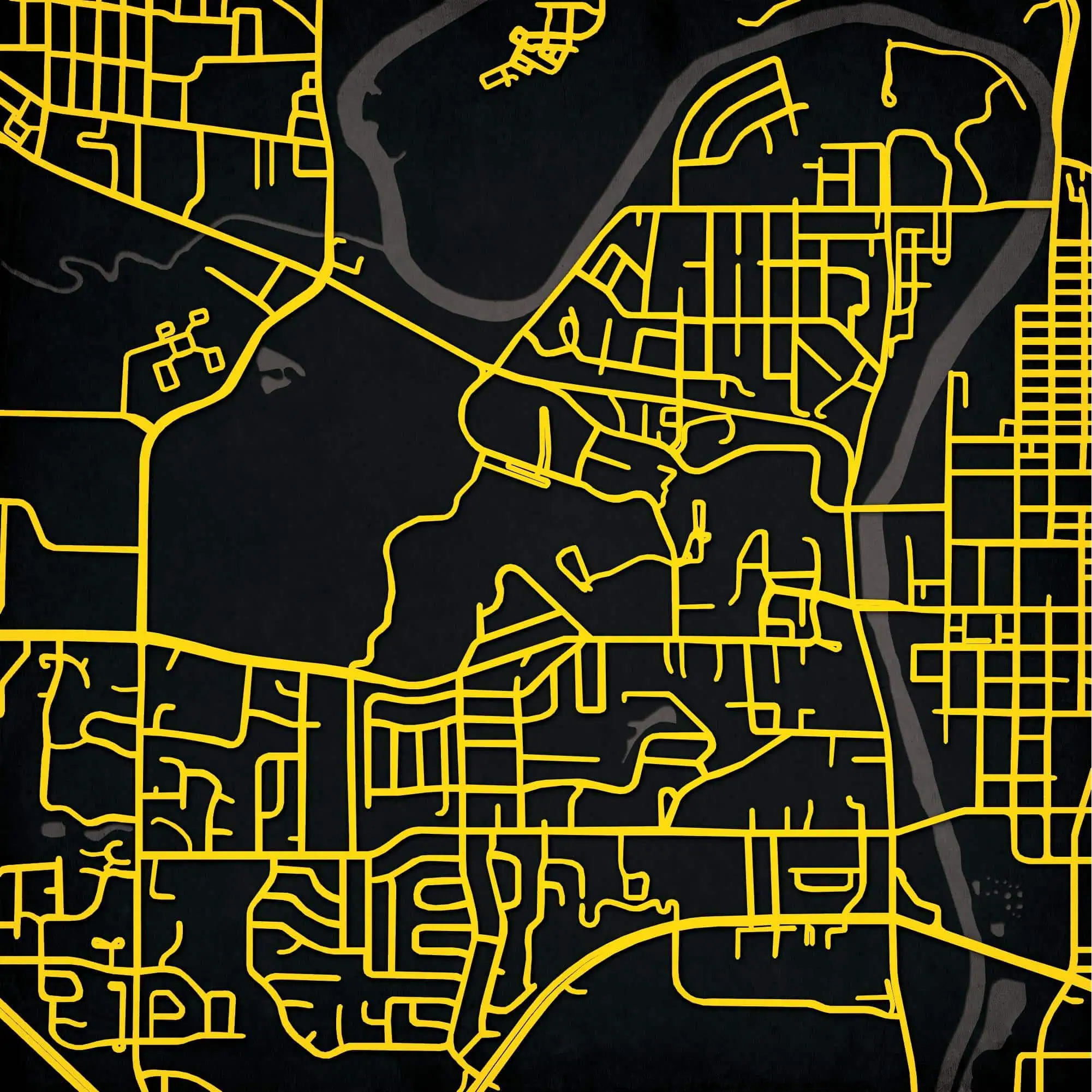 Yellow map lines over black background showing city streets and waterways; digital map style for navigation and geographic referencing.