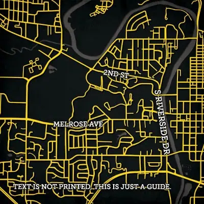 Detailed street map highlighting important roads and areas for navigation, including 2nd St, Melrose Ave, and S Riverside Dr, suitable for city explorers and map enthusiasts.