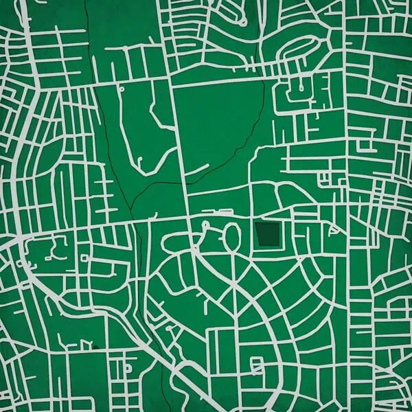 Map of an urban area with detailed street layout and parks, perfect for navigation, travel planning, and geographic reference. High-quality city map for outdoor adventures and city exploration.