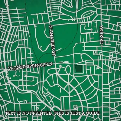 Detailed street map of a neighborhood with labeled roads including W Cold Springs Ln, N Charles St, and York Rd, showcasing map design and navigation features.