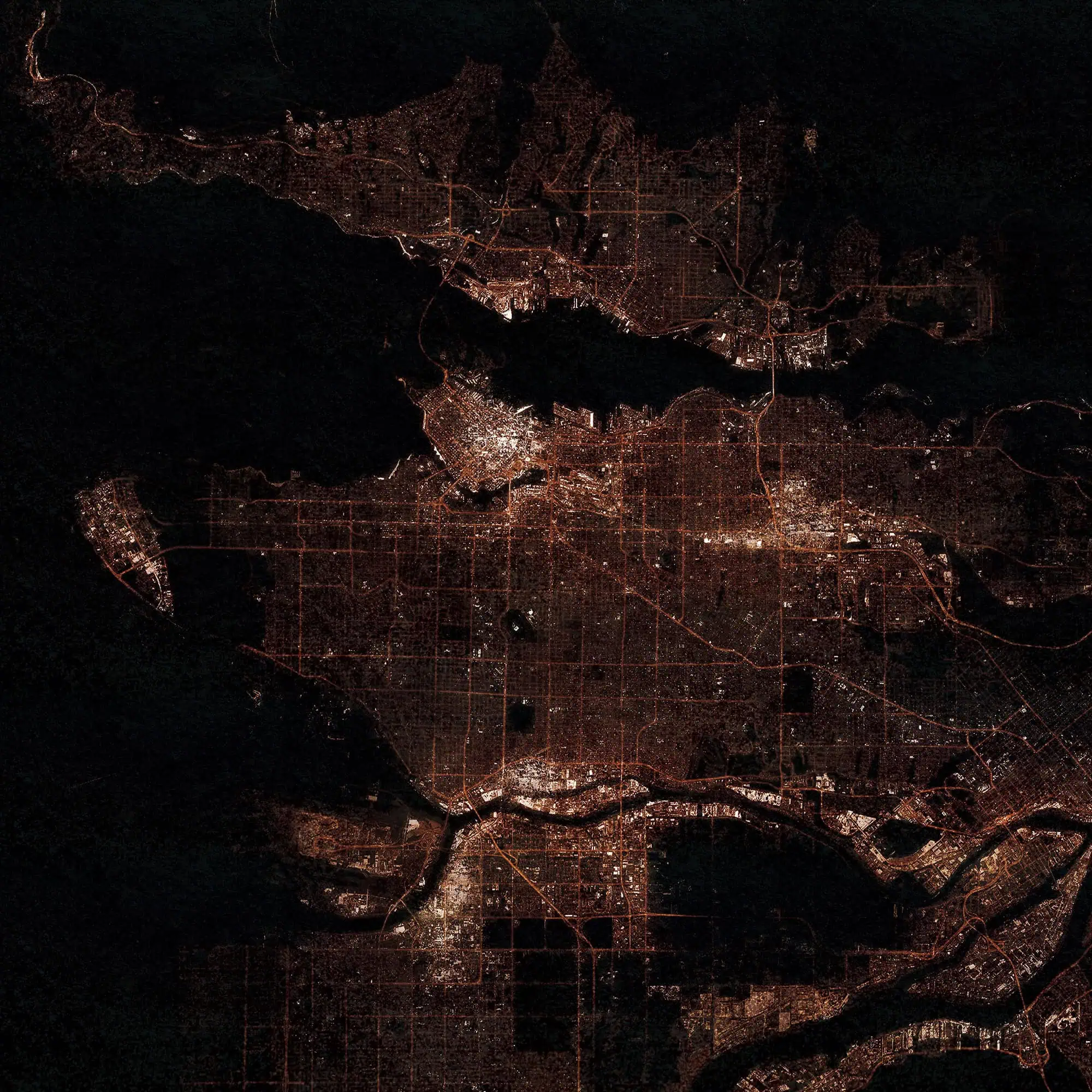Night aerial view of a city with illuminated streets, waterways, and parks, showcasing detailed urban mapping and geographic features, ideal for exploring maps and geographic information.