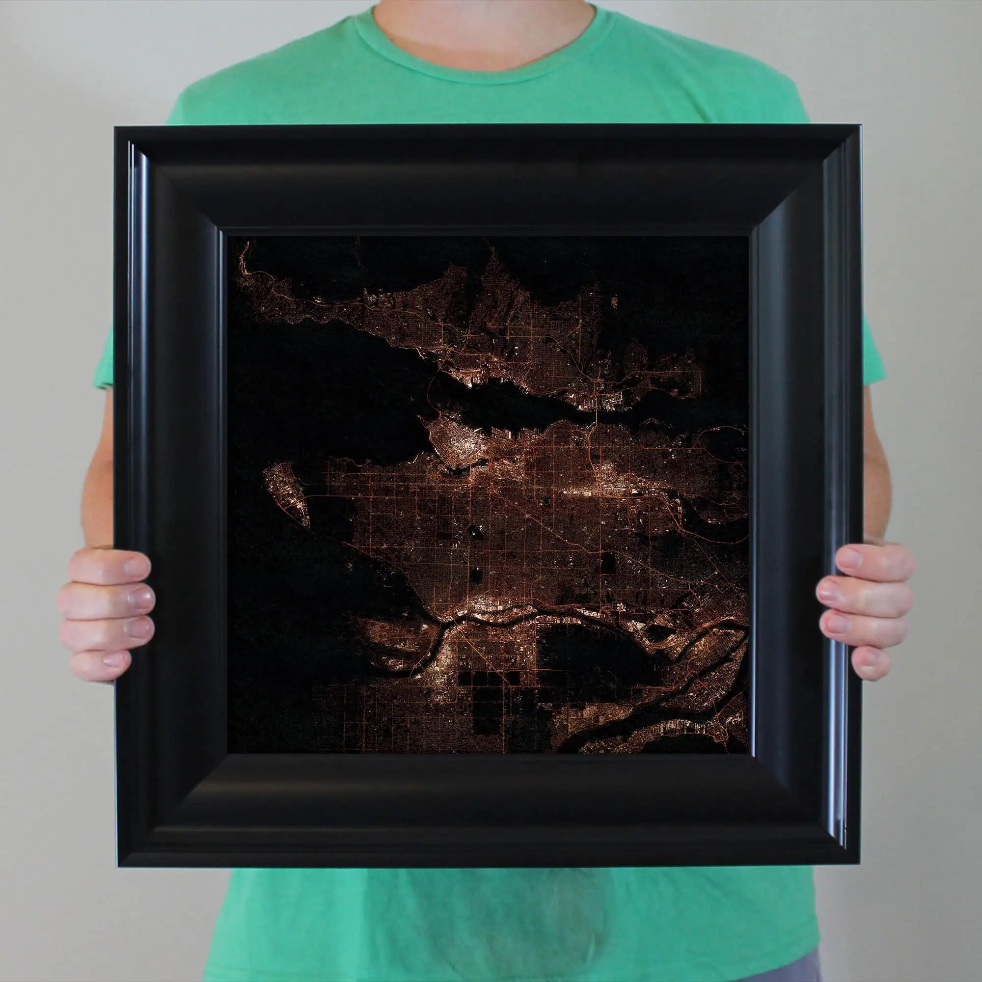Night city map framed wall art, urban landscape, city lights at night, modern home decor, satellite view, contemporary art piece, cityscape poster, decorative map print, black frame, luminous skyline.