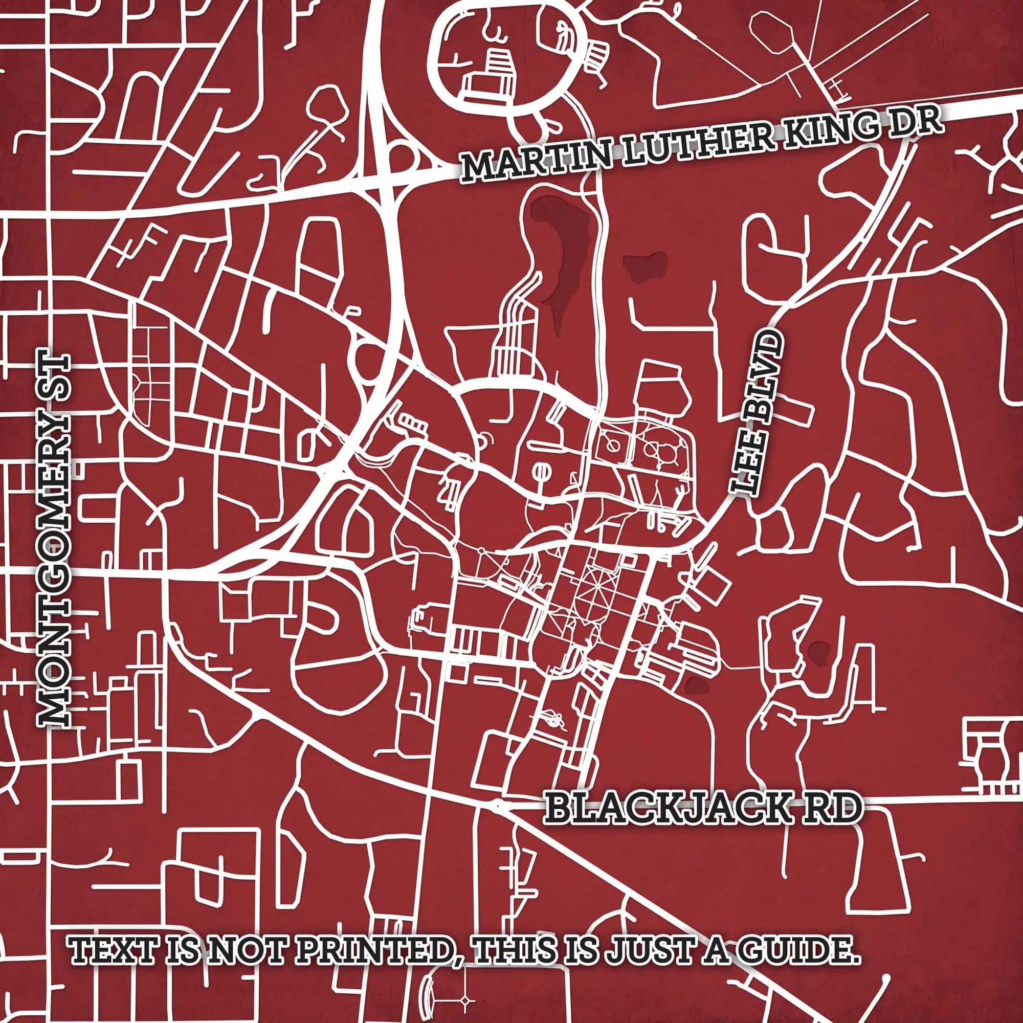 Map of Montgomery, Alabama featuring major streets like Martin Luther King Dr, Montgomery St, Lee Blvd, and Blackjack Rd, highlighting local neighborhoods and roadways.
