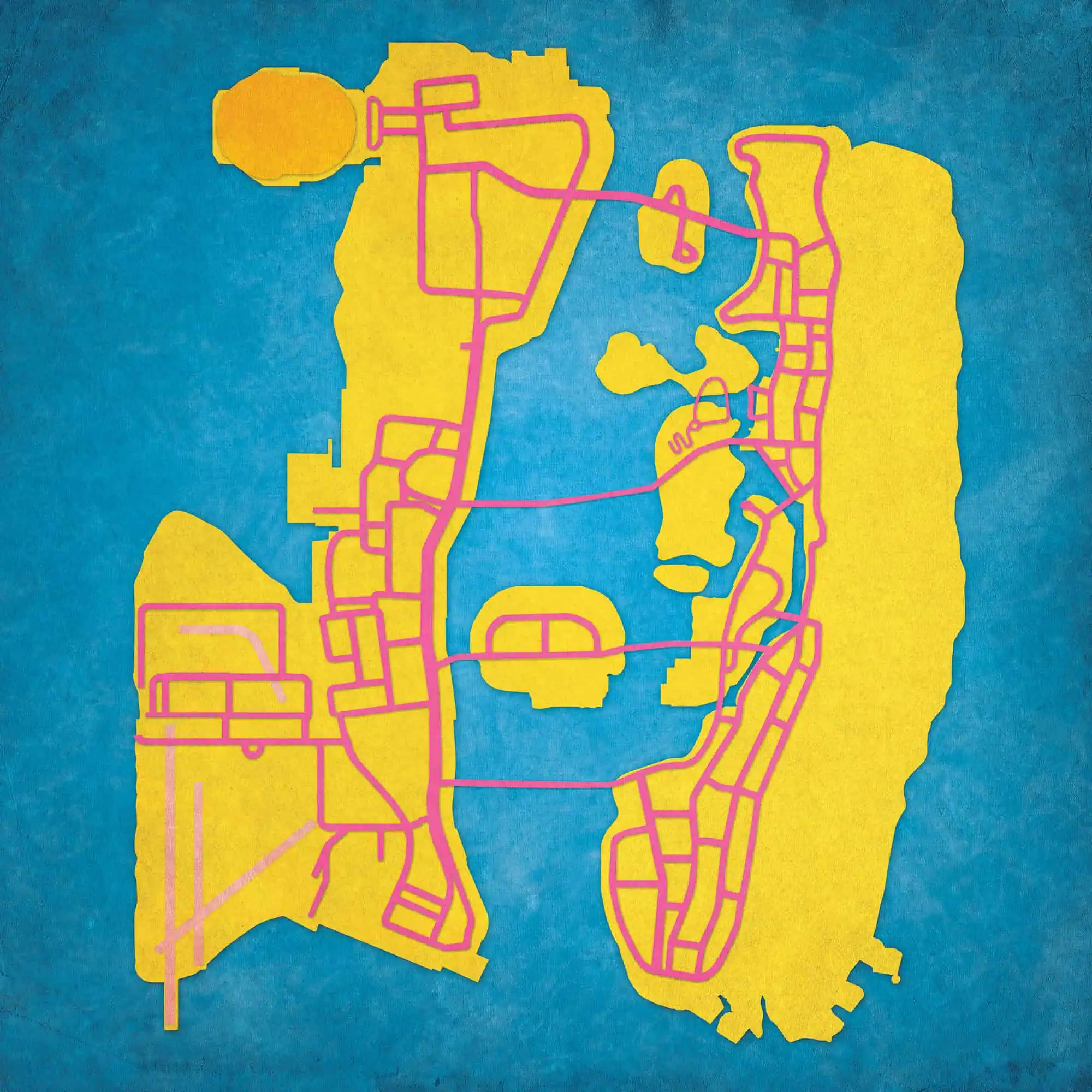 Detailed illustrated map of Miami, Florida with roads and landmarks, featuring a yellow landmass and pink road network, on a textured blue background.