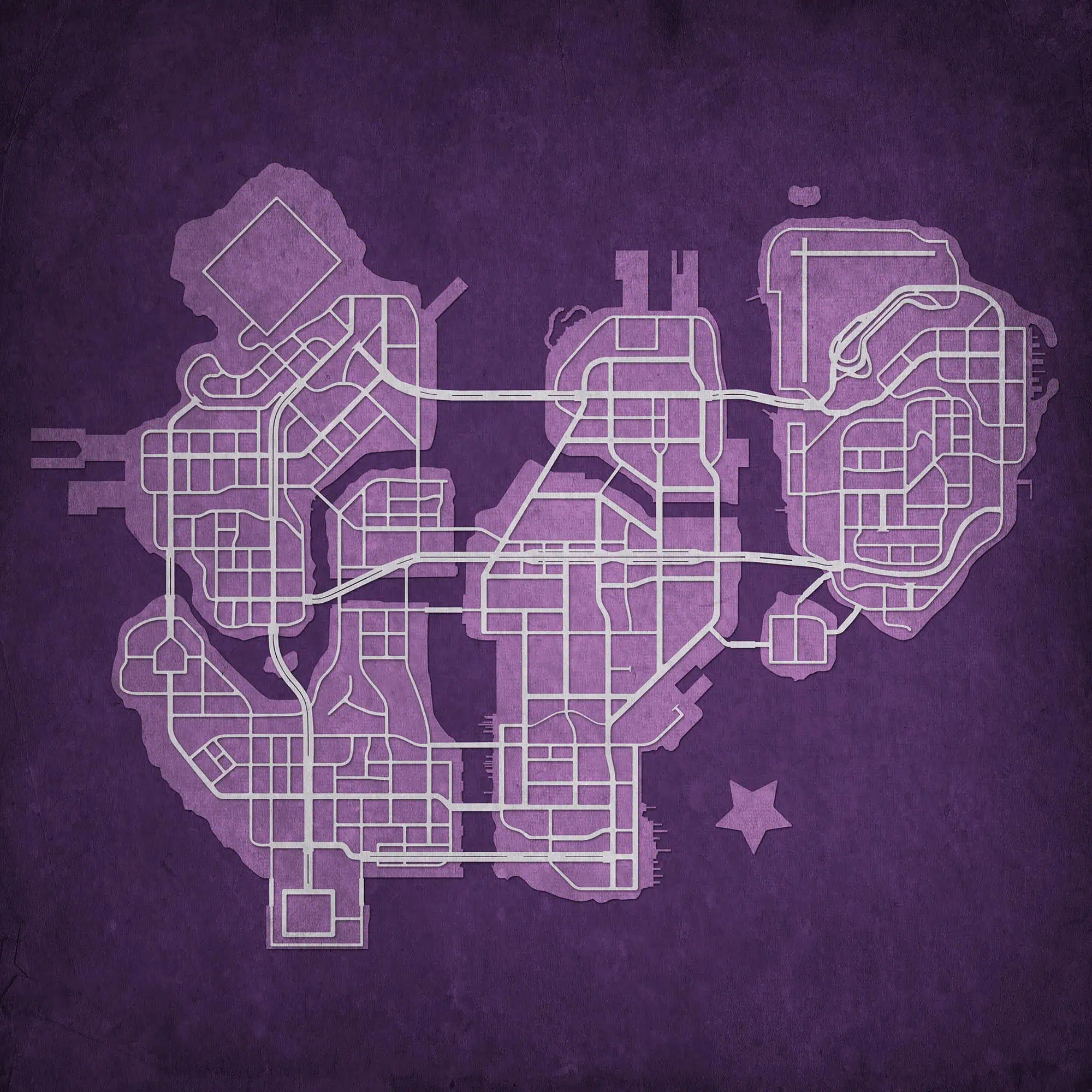 Road map of Los Santos city from Grand Theft Auto V with a purple background and street layout.