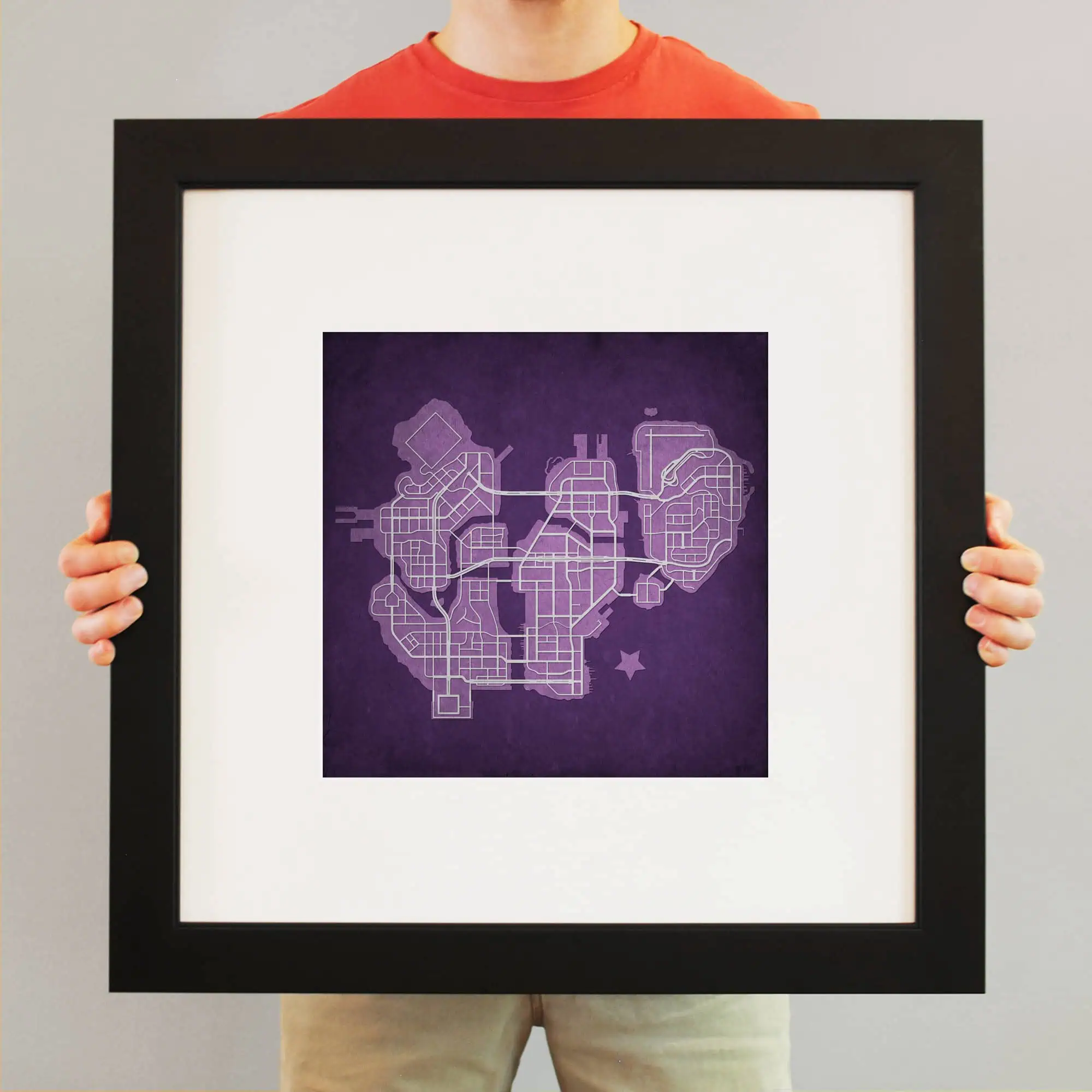 Detailed map of a city layout with streets and zones, modern artistic cartography poster, vibrant purple background, urban planning artwork, perfect for map enthusiasts and collectors.