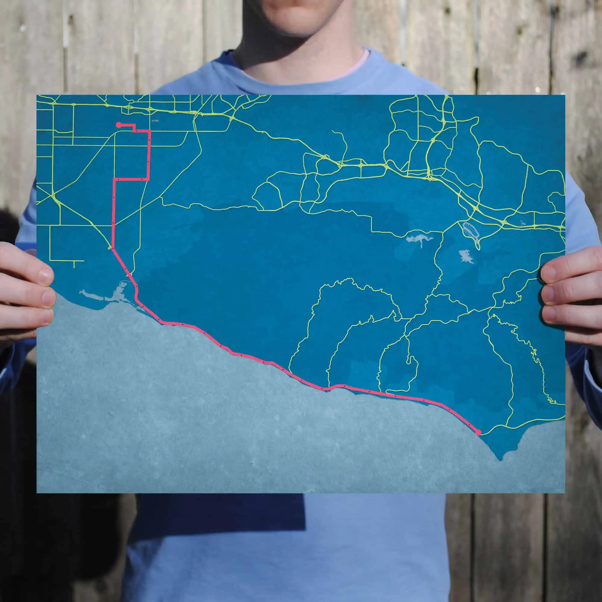 Detailed map of California highlighting a specific route in pink, showcasing geographic features and road networks, ideal for travel planning or navigation.