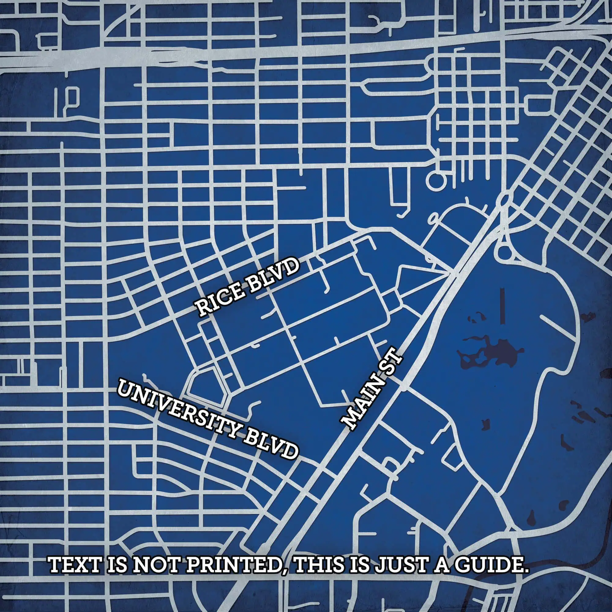 Detailed street map of downtown city highlighting Rice Blvd, University Blvd, and Main St, ideal for navigation, travel planning, or local exploration. Perfect for map enthusiasts and travelers alike.