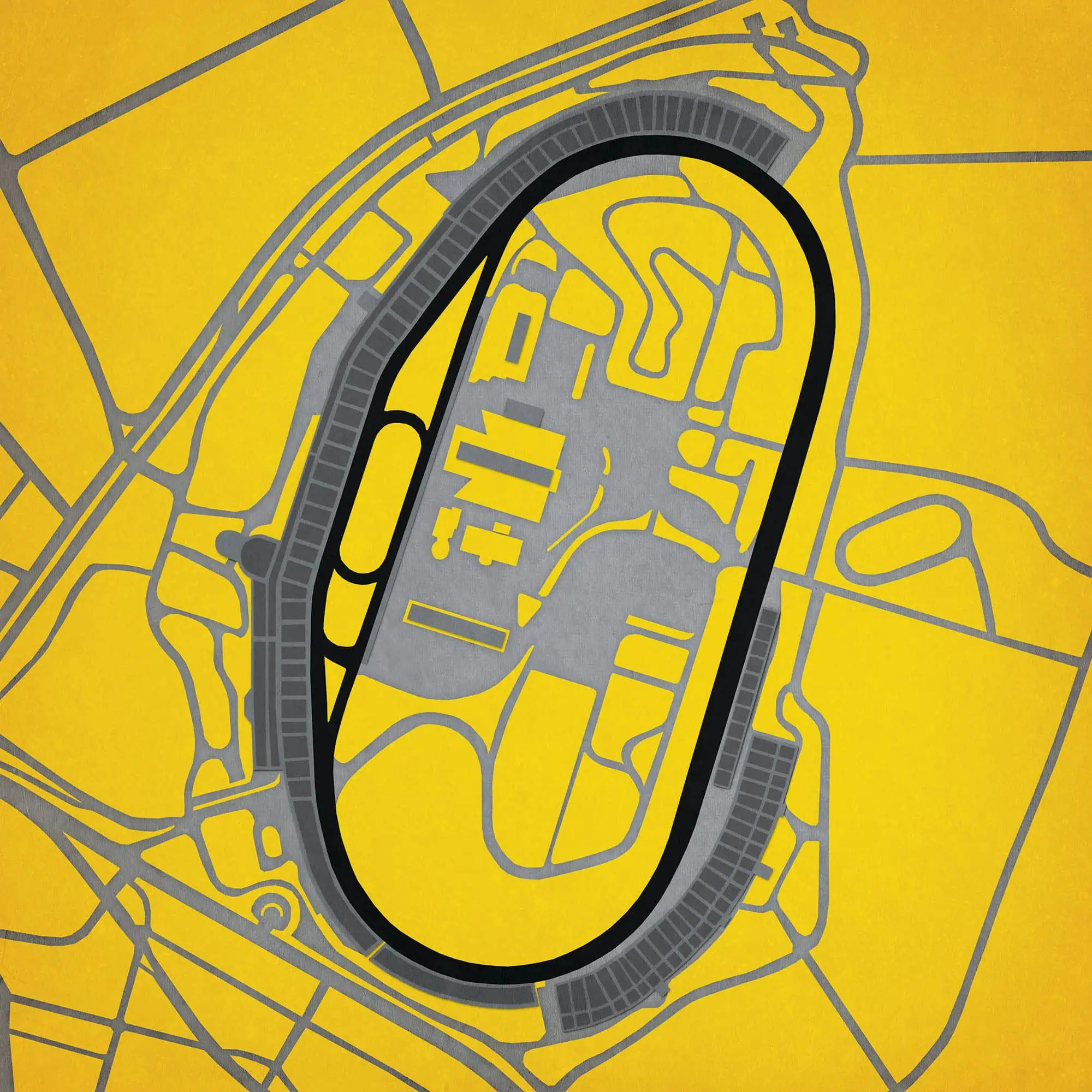 Aerial view of a race track layout with yellow background, black borders, and surrounding map details, ideal for motorsports, racing events, and track map visualization.